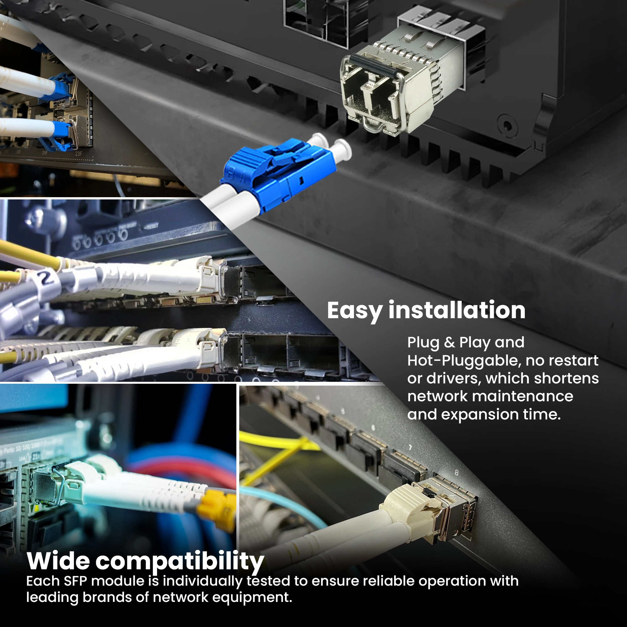 Zbliżenie na metalowy moduł SFP wpięty w urządzenie sieciowe, do którego zbliża się niebieskie złącze światłowodowe; poniżej widoczne inne kable i porty w serwerowni