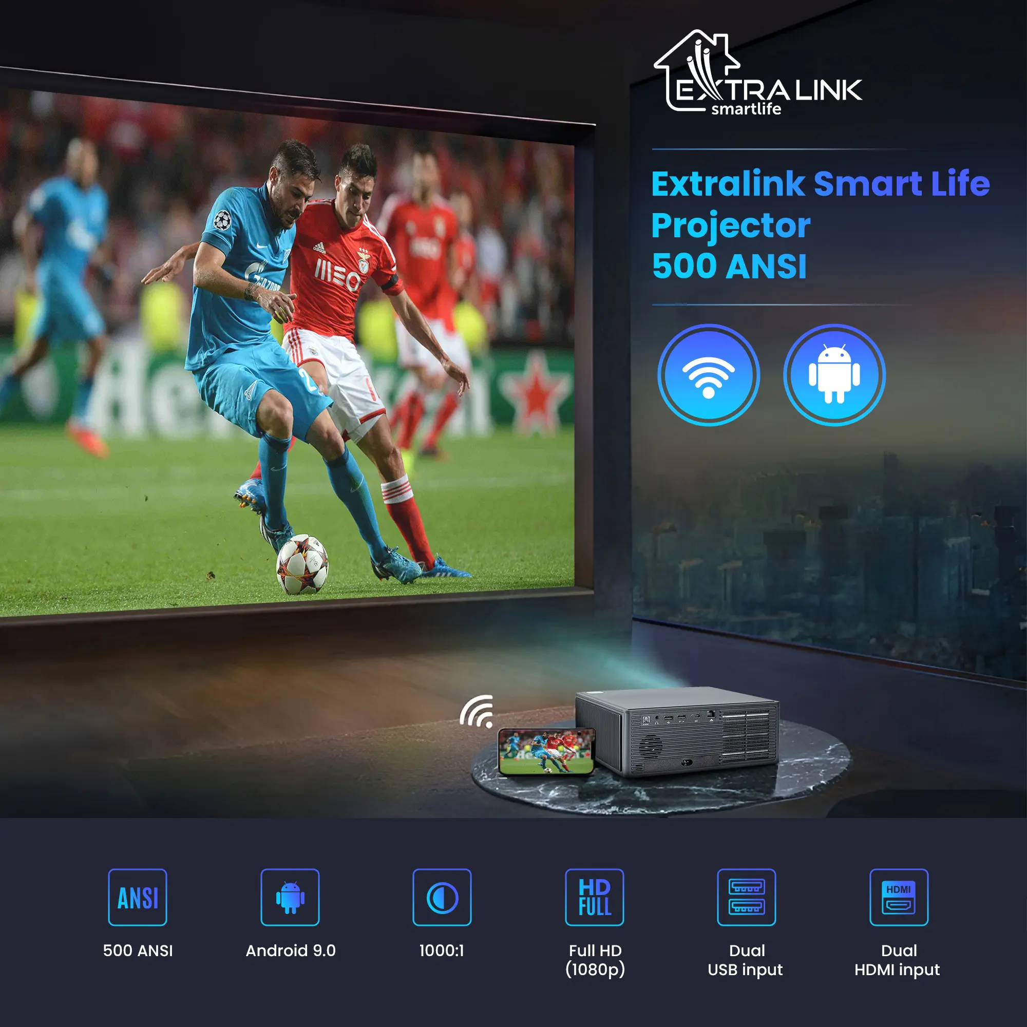 EXTRALINK SMART LIFE VISION LITE, SMART PROJECTOR, 500 ANSI, 1080P, ANDROID 9.0
