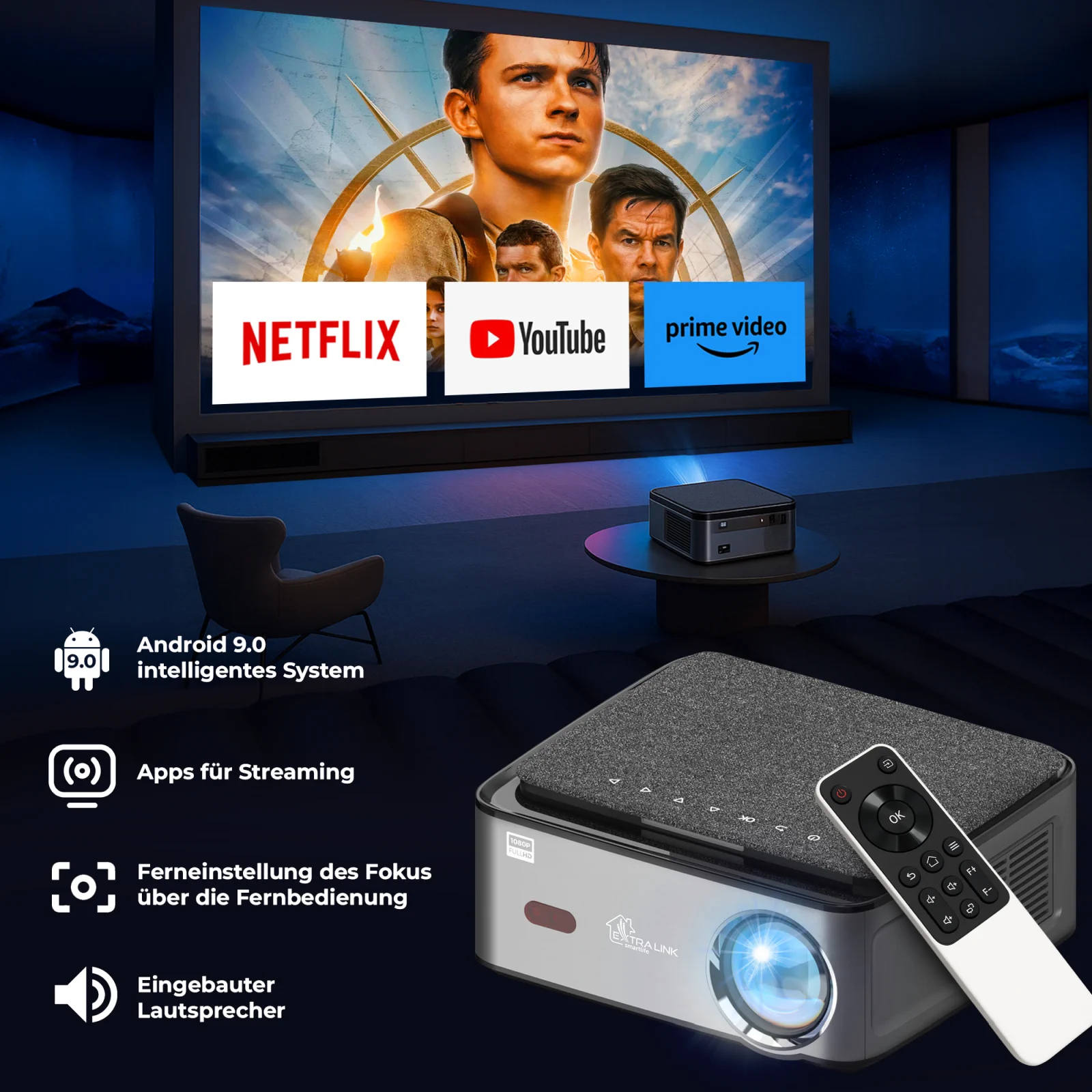 extralink vision pro projektor mit fernbedienung, projektionsleinwand im hintergrund