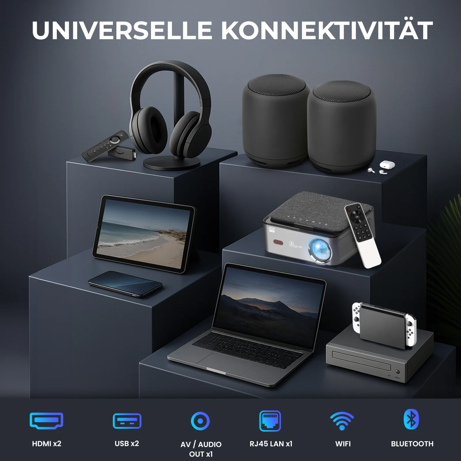 vision pro projektor und kopfhörer tablet laptop konsole lautsprecher