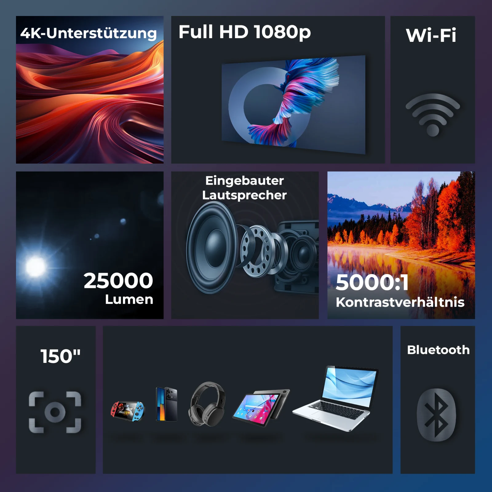 EXTRALINK SMART LIFE VISION PRO Projektor mit 4k full hd wifi 25000lm 150