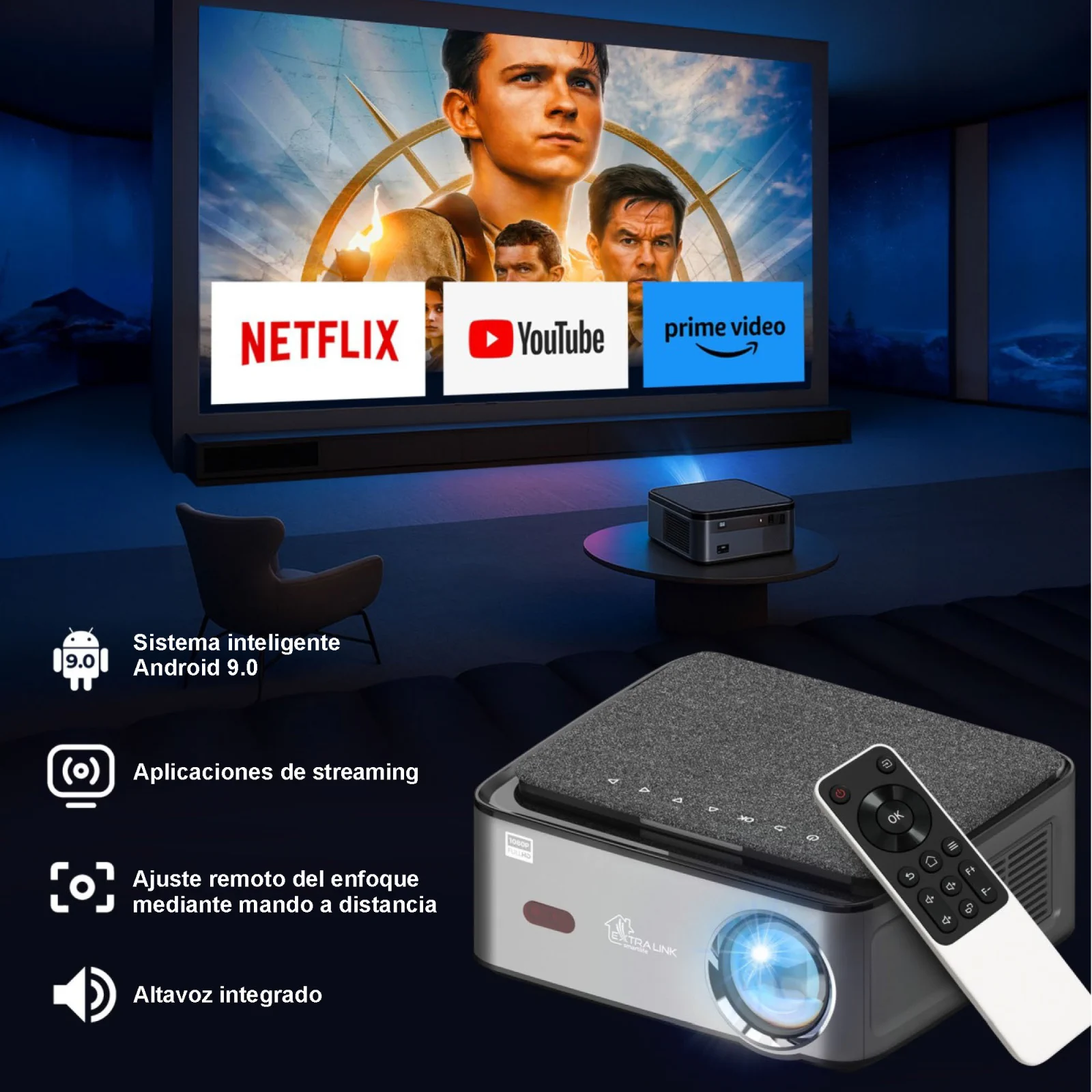 proyector extralink vision pro con mando a distancia, pantalla de proyección al fondo