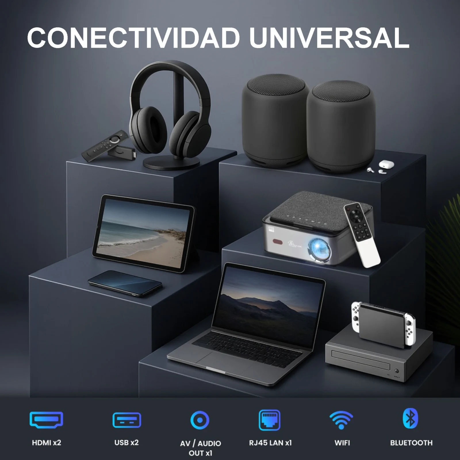 vision pro proyector y auriculares tablet portátil consola altavoces