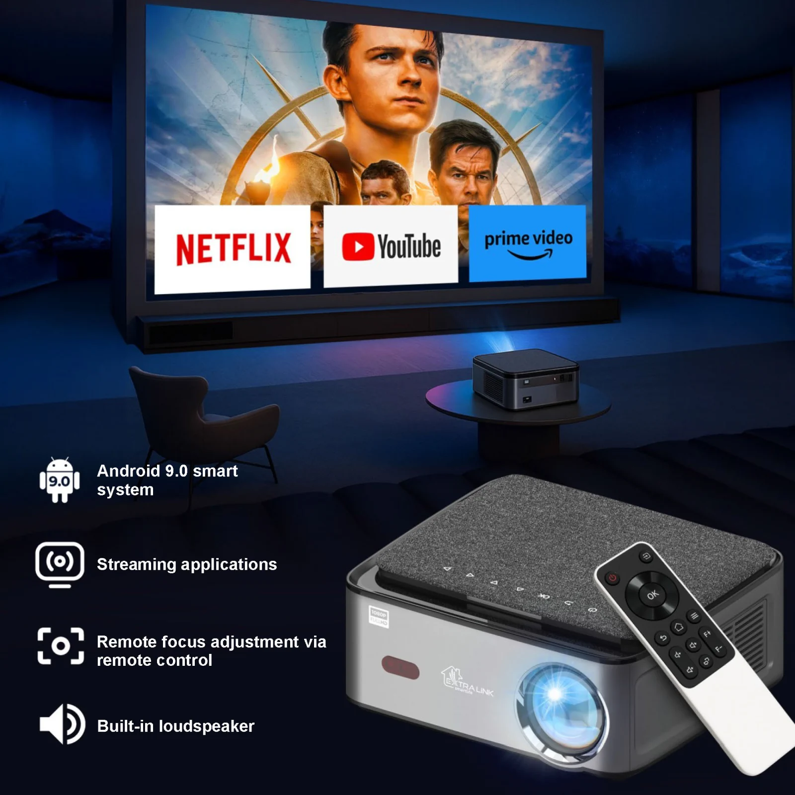 extralink vision pro projector with remote control, projection screen in the background