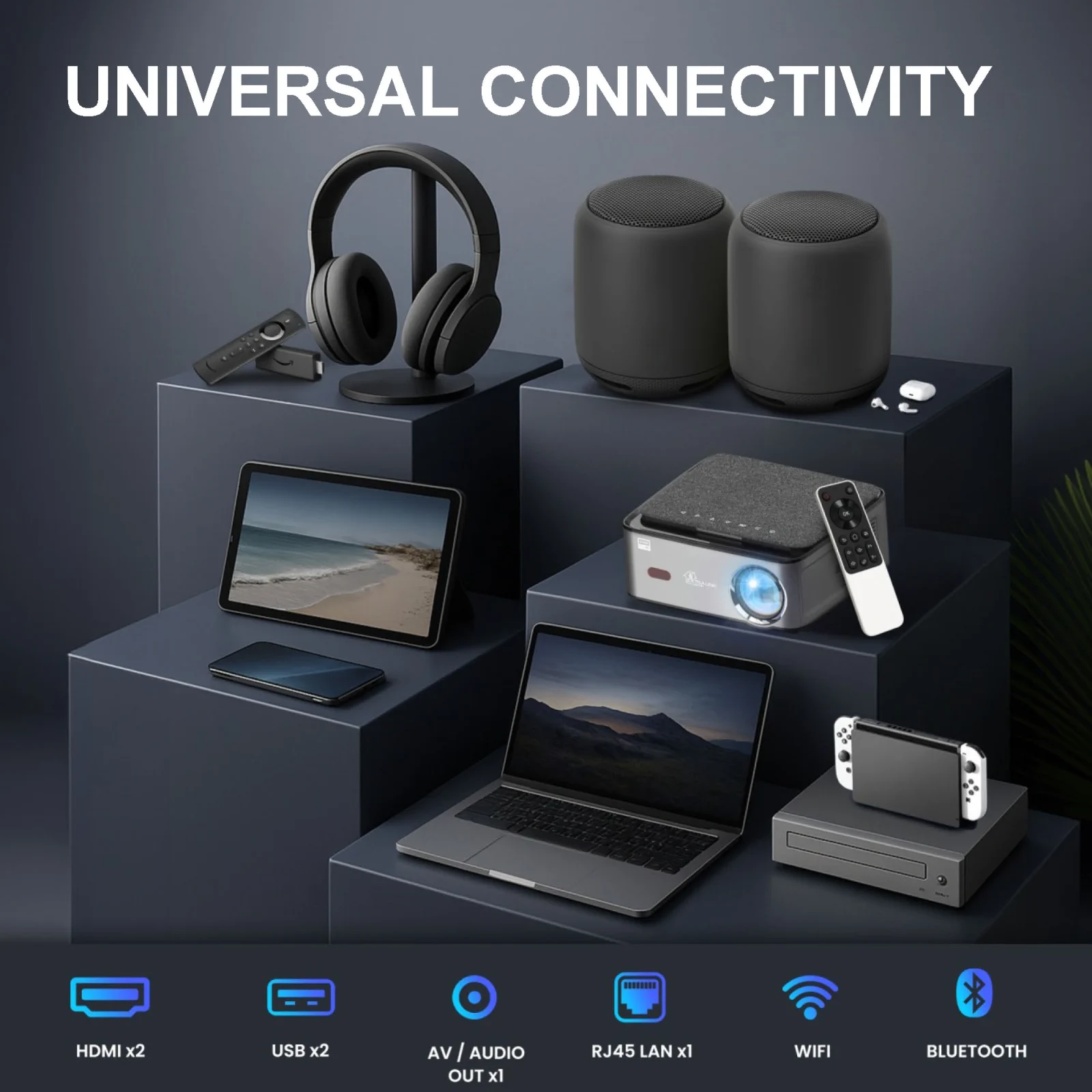 vision pro projector and headphones tablet laptop console speakers