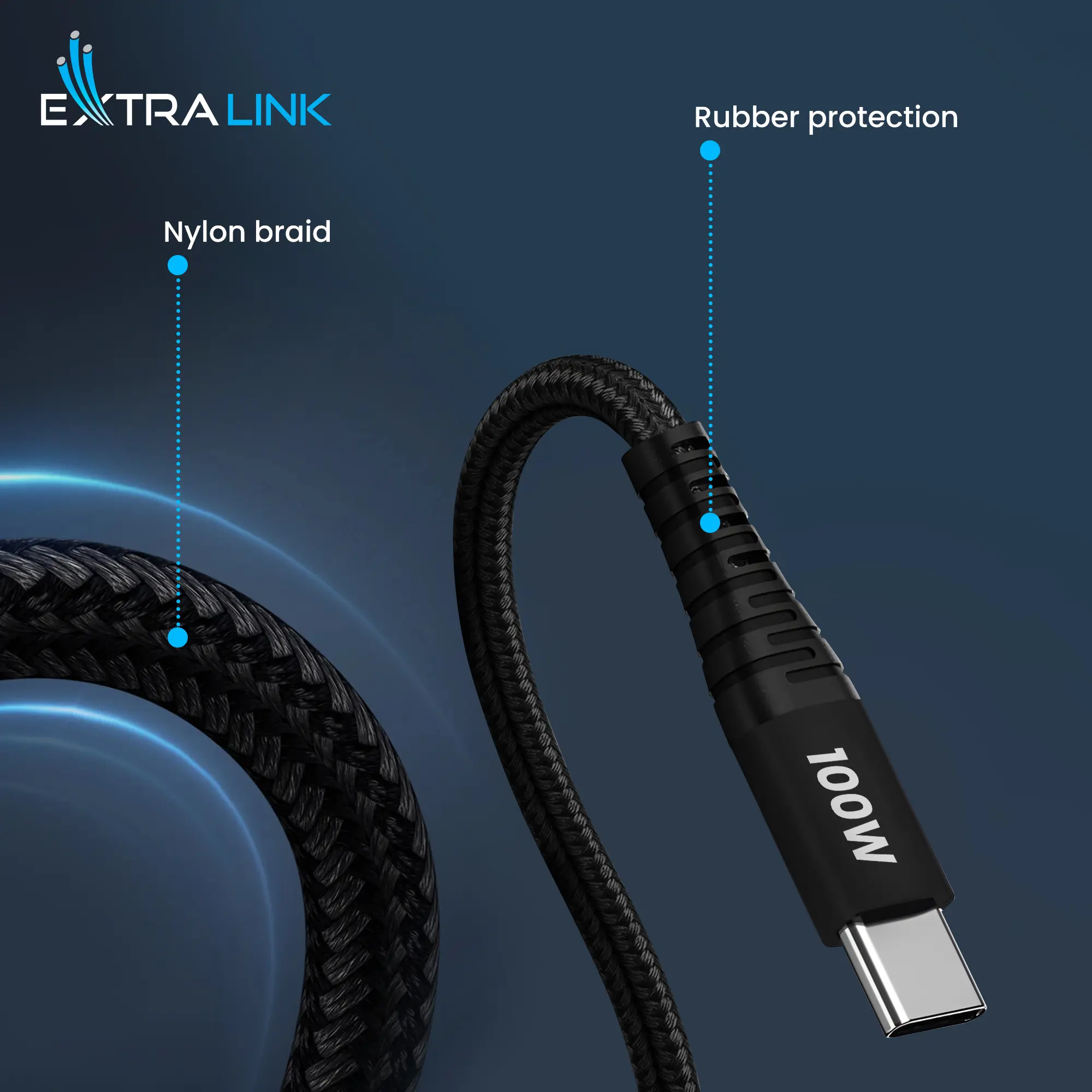 EXTRALINK SMART LIFE CABLE 100W, USB-C - USB-C, 200CM, NYLON BRAIDED, 20V 5A 480MBPS, BLACK, CABESL02