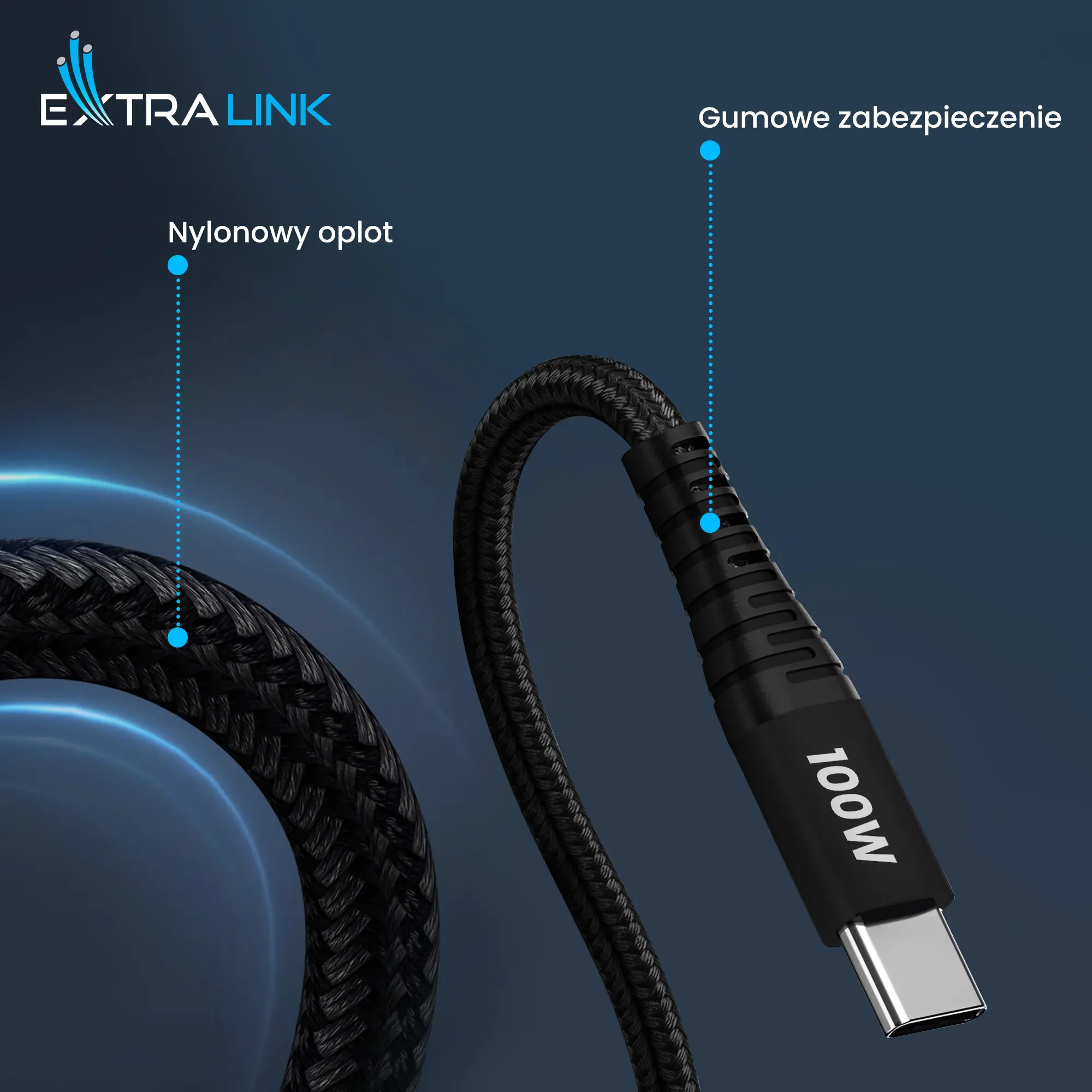 EXTRALINK SMART LIFE CABLE 100W, USB-C - USB-C, 200CM, NYLON BRAIDED, 20V 5A 480MBPS, BLACK, CABESL02