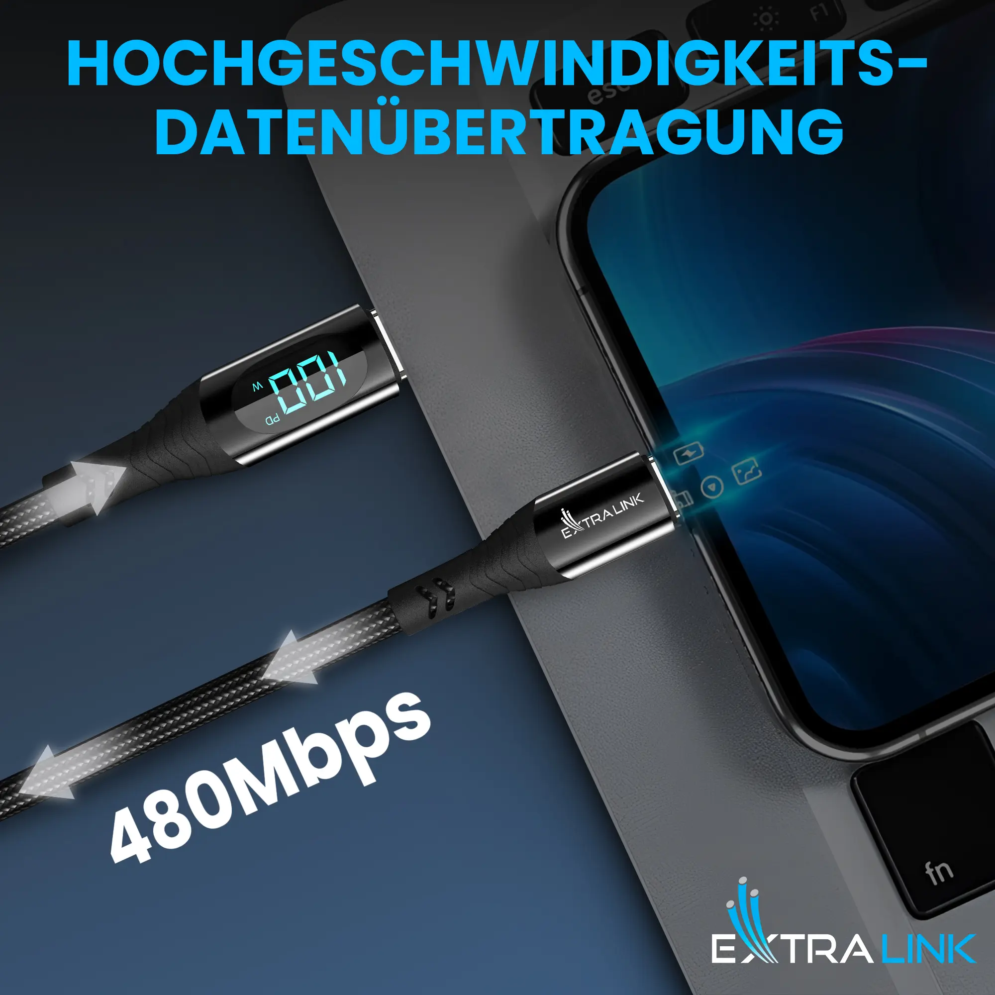 Extralink-Smart-Life-USB-Typ-C-auf-Typ-Kabel-umflochten-schwarz-mit-LED-Anzeige