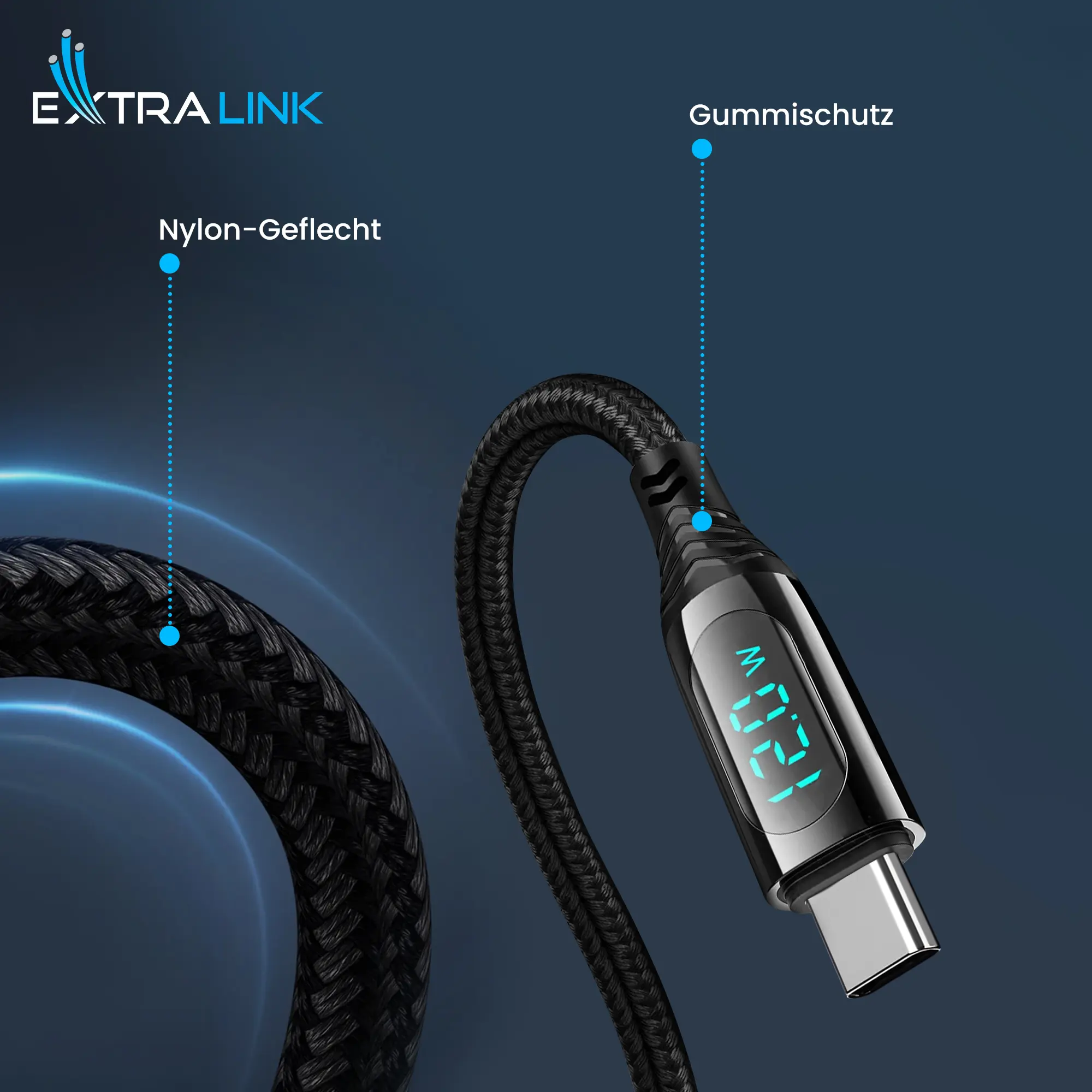 Extralink-Smart-Life-USB-Typ-C-auf-Typ-Kabel-umflochten-schwarz-mit-LED-Anzeige
