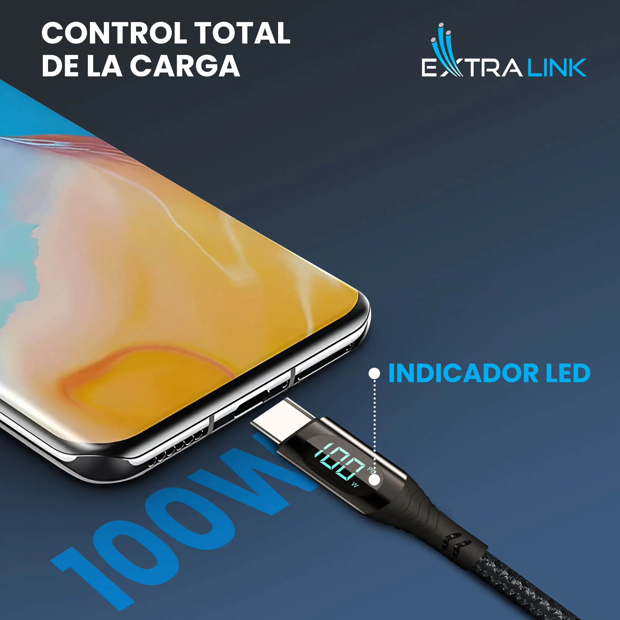 Cable Extralink-Smart-Life-USB-Tipo-C-a-Tipo-C trenzado-negro-con-display-LED