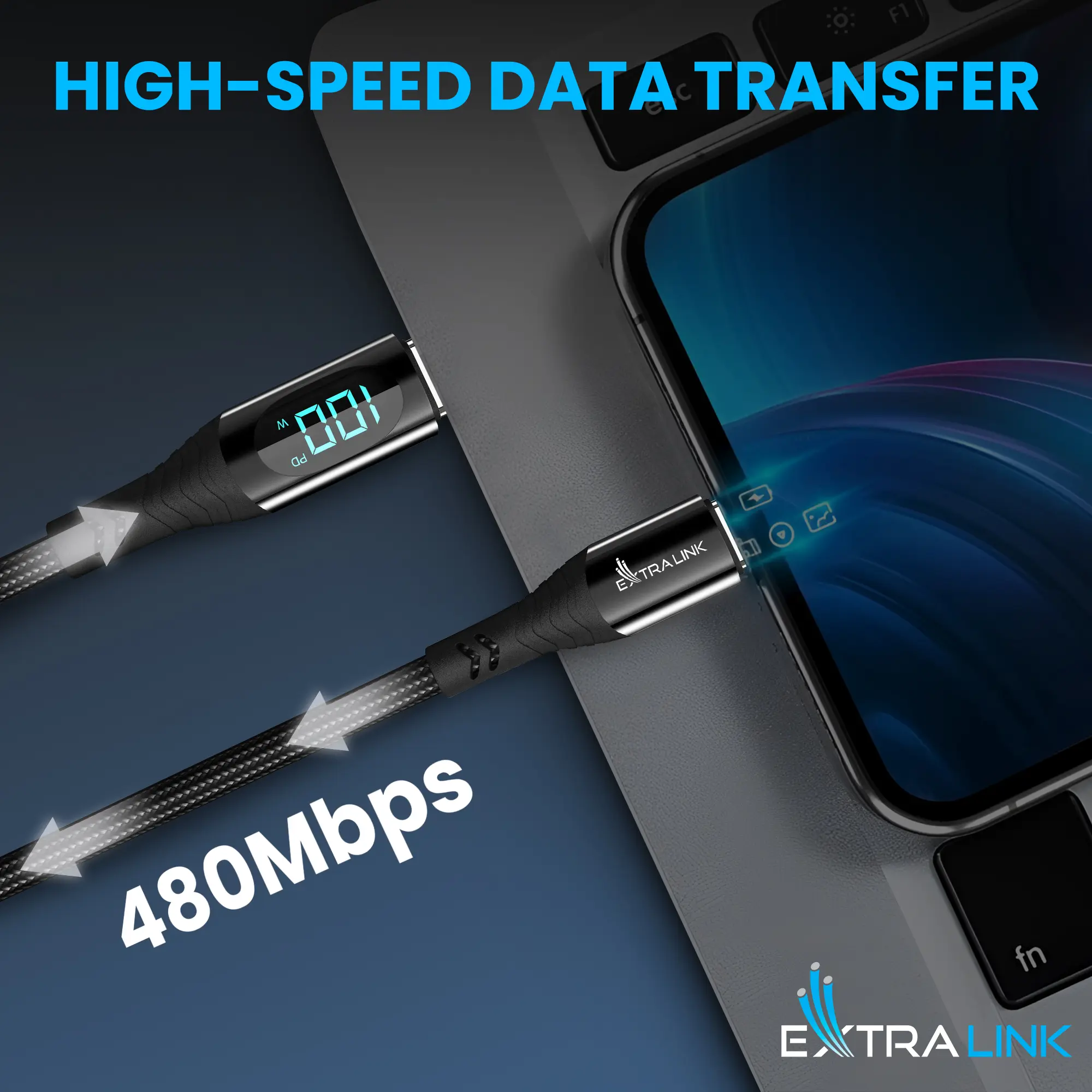 Extralink-Smart-Life-USB-Typ-C-na-Typ-C-kabel-opletený-černý-s-LED-displejem