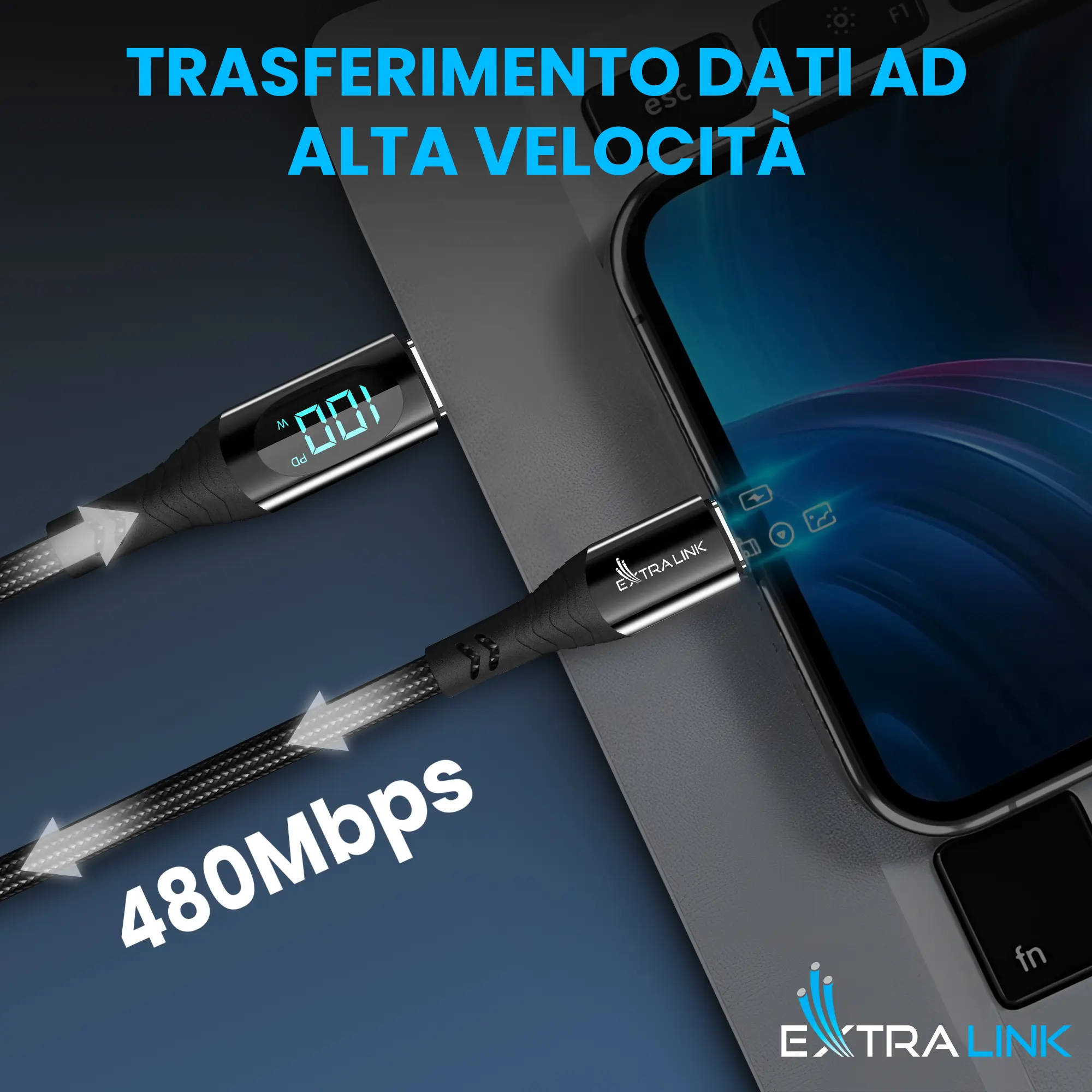 Extralink-Smart-Life-USB-tipo-C-a-tipo-cavo intrecciato-nero-con-display-LED