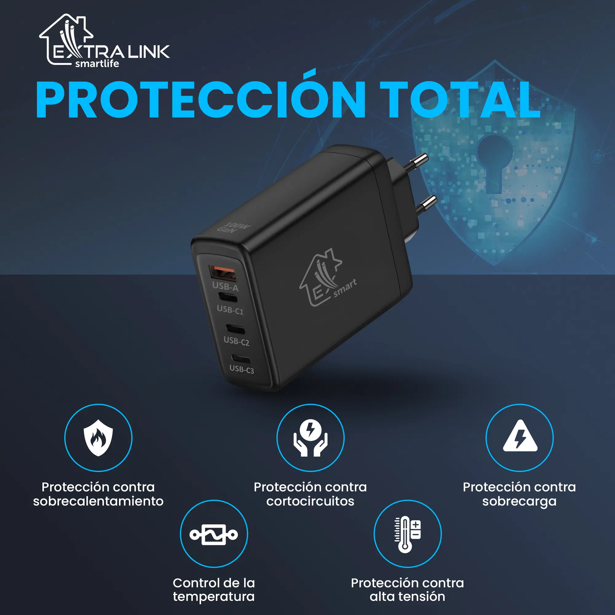 Cargador r&aacute;pido Extralink-Smart-Life-100W-GaN