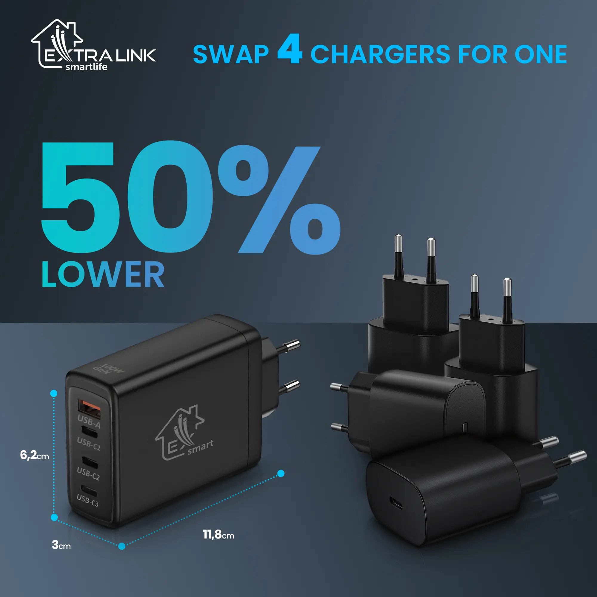 Extralink-Smart-Life-Carregador Rápido-100W-GaN