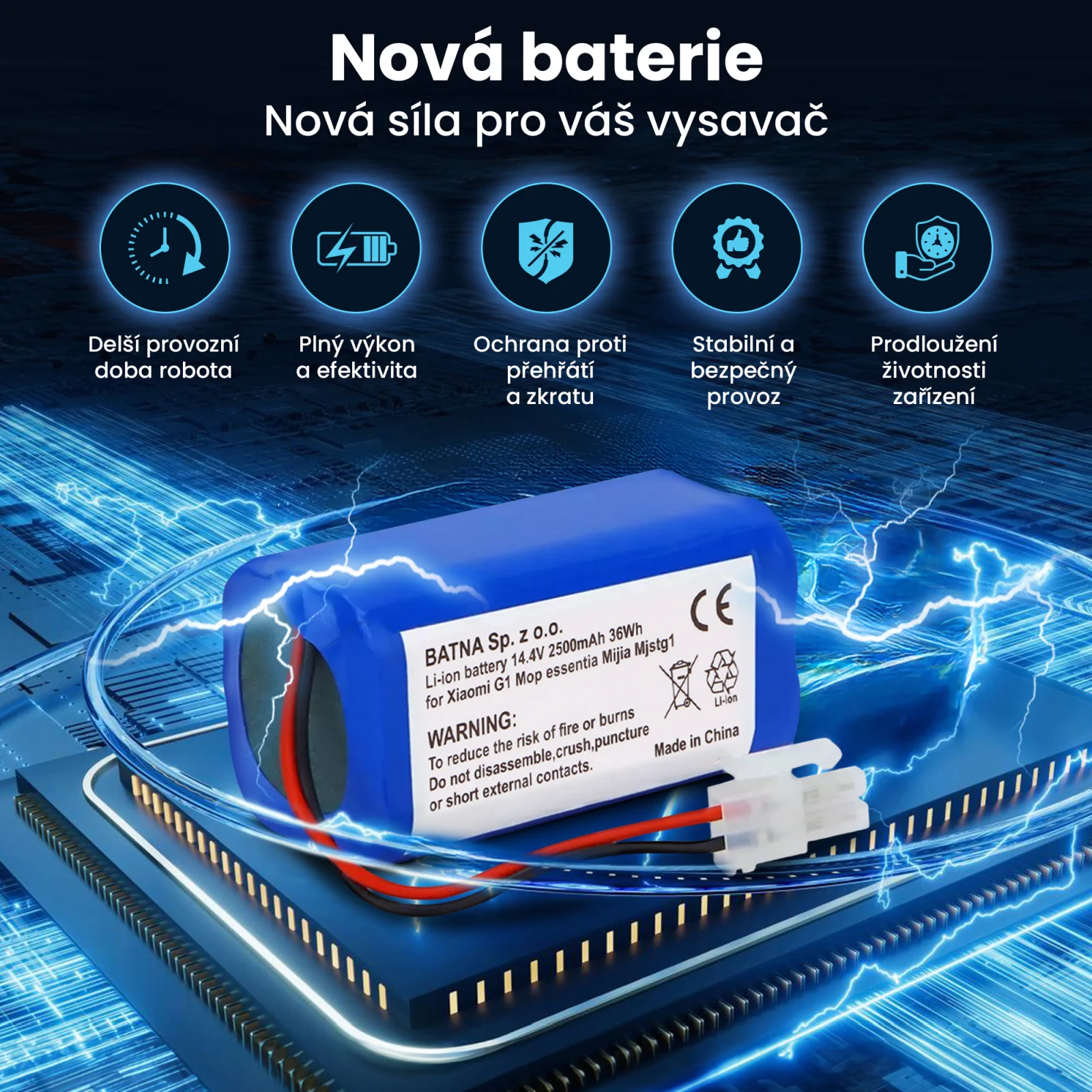 vizualizace baterie xiaomi hoover ležící na procesoru