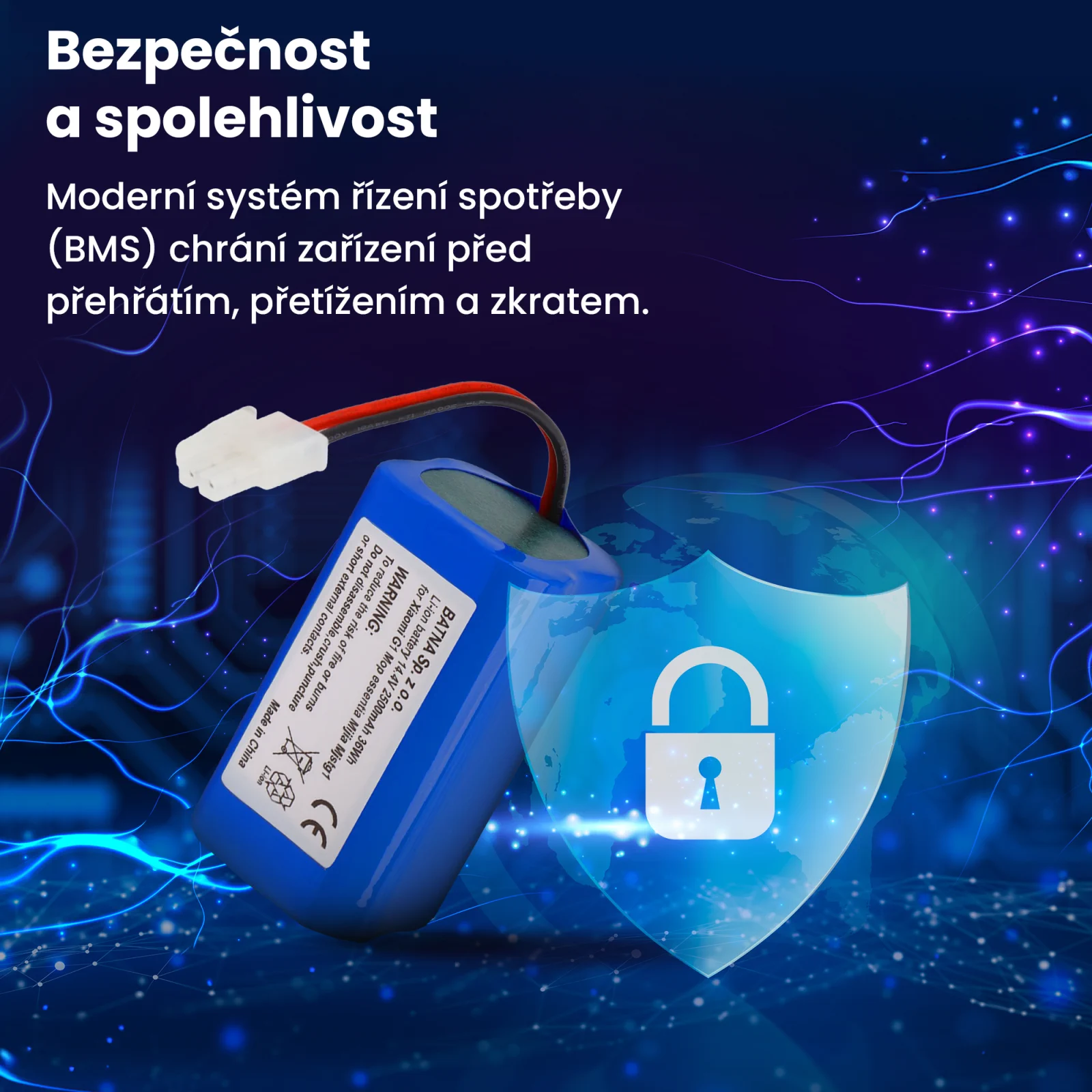 vizualizace zobrazující baterii a bezpečnostní štít robota xiaomi