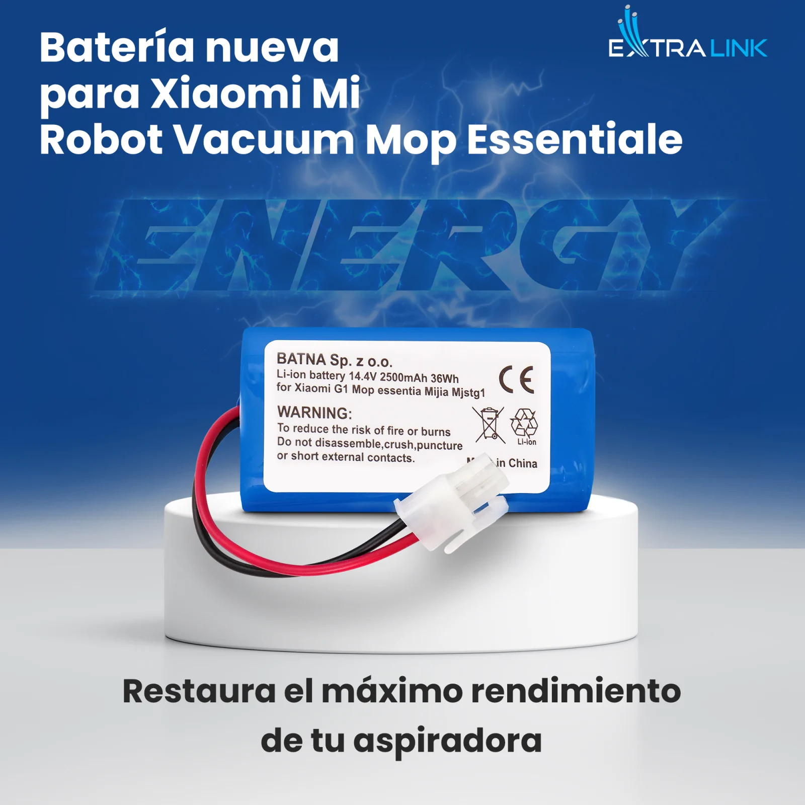 bateria de repuesto para xiaomi hoovers en azul con etiqueta blanca y cable con enchufe en soporte blanco