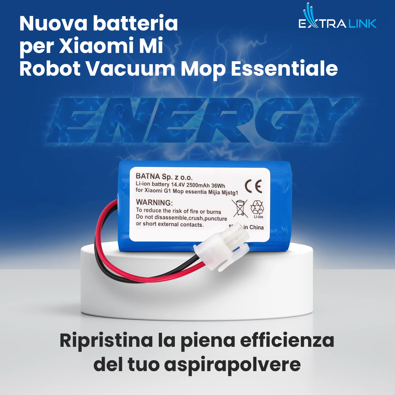batteria di ricambio per xiaomi hoovers in blu con etichetta bianca e cavo con spina su supporto bianco