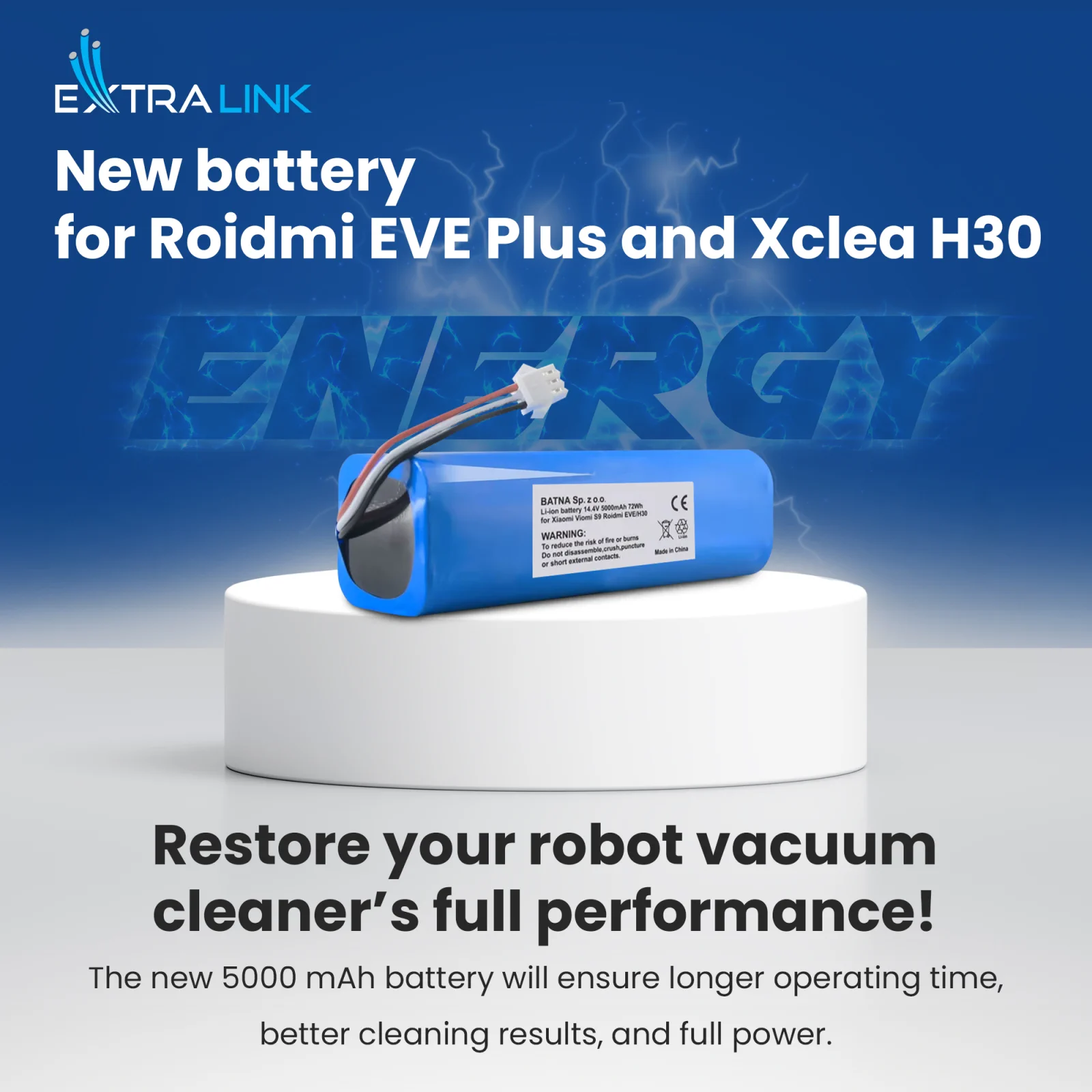 batteria di ricambio per aspirapolvere roidmi in blu con etichetta bianca e cavo con spina su base bianca