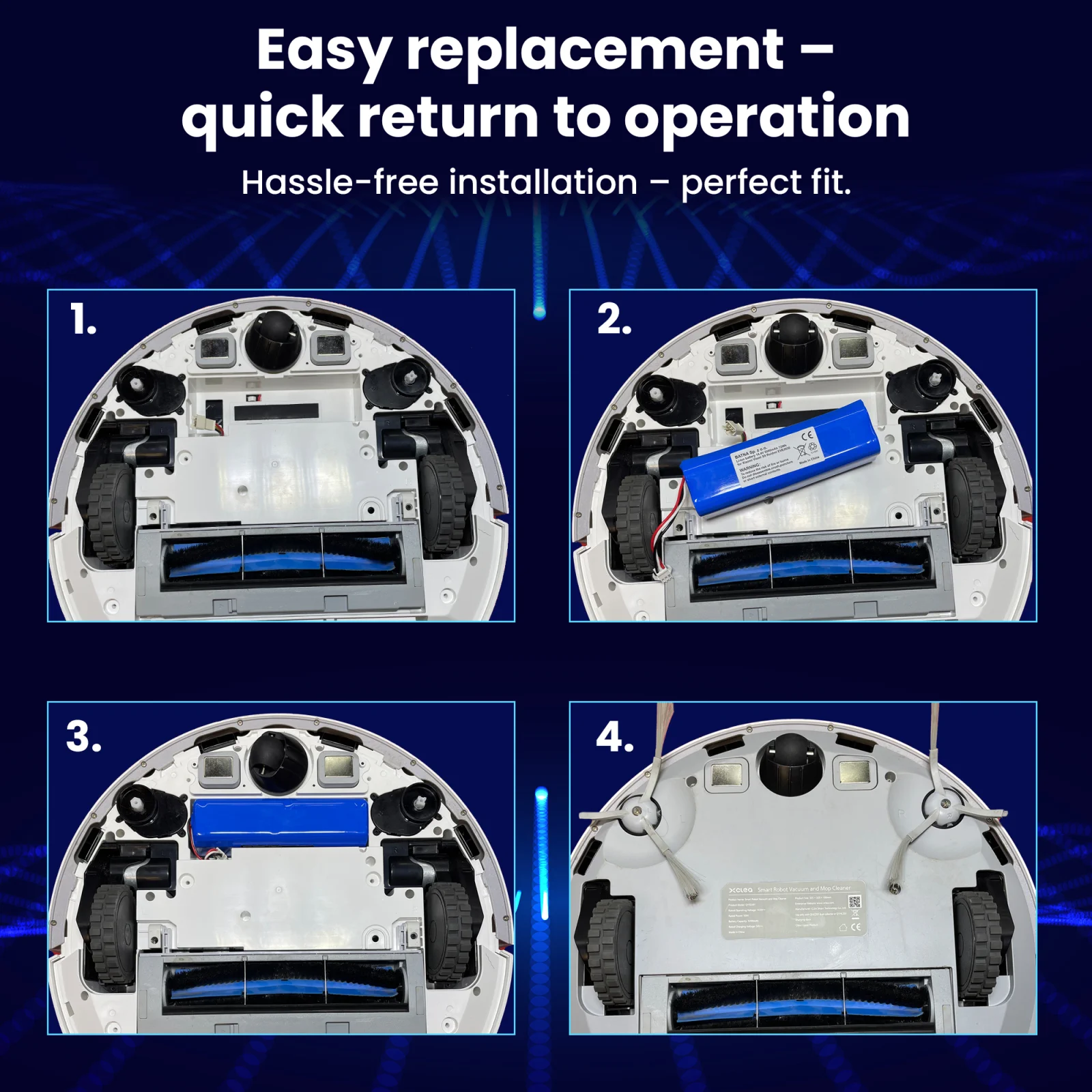 quattro passaggi per sostituire la batteria dei robot pulitori roidmi e xclea