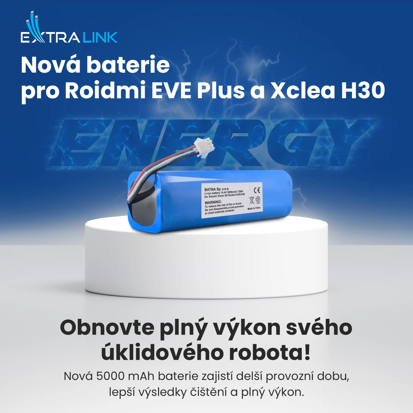 náhradní baterie pro vysavače roidmi v modré barvě s bílým štítkem a kabelem se zástrčkou na bílém podkladu
