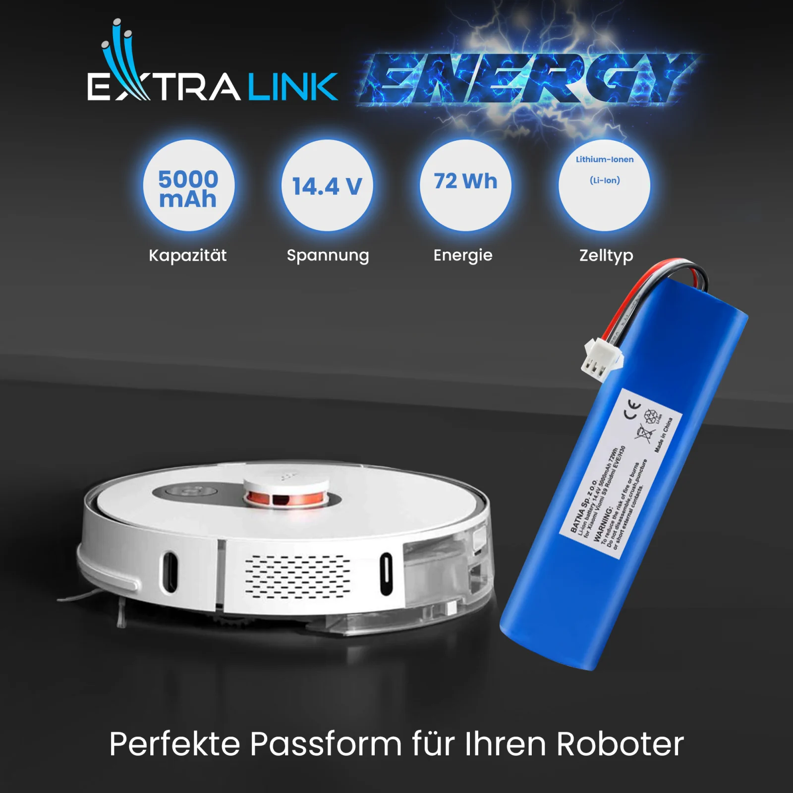 batterie für roidmi xclea staubsauger neben dem weißen reinigungsroboter