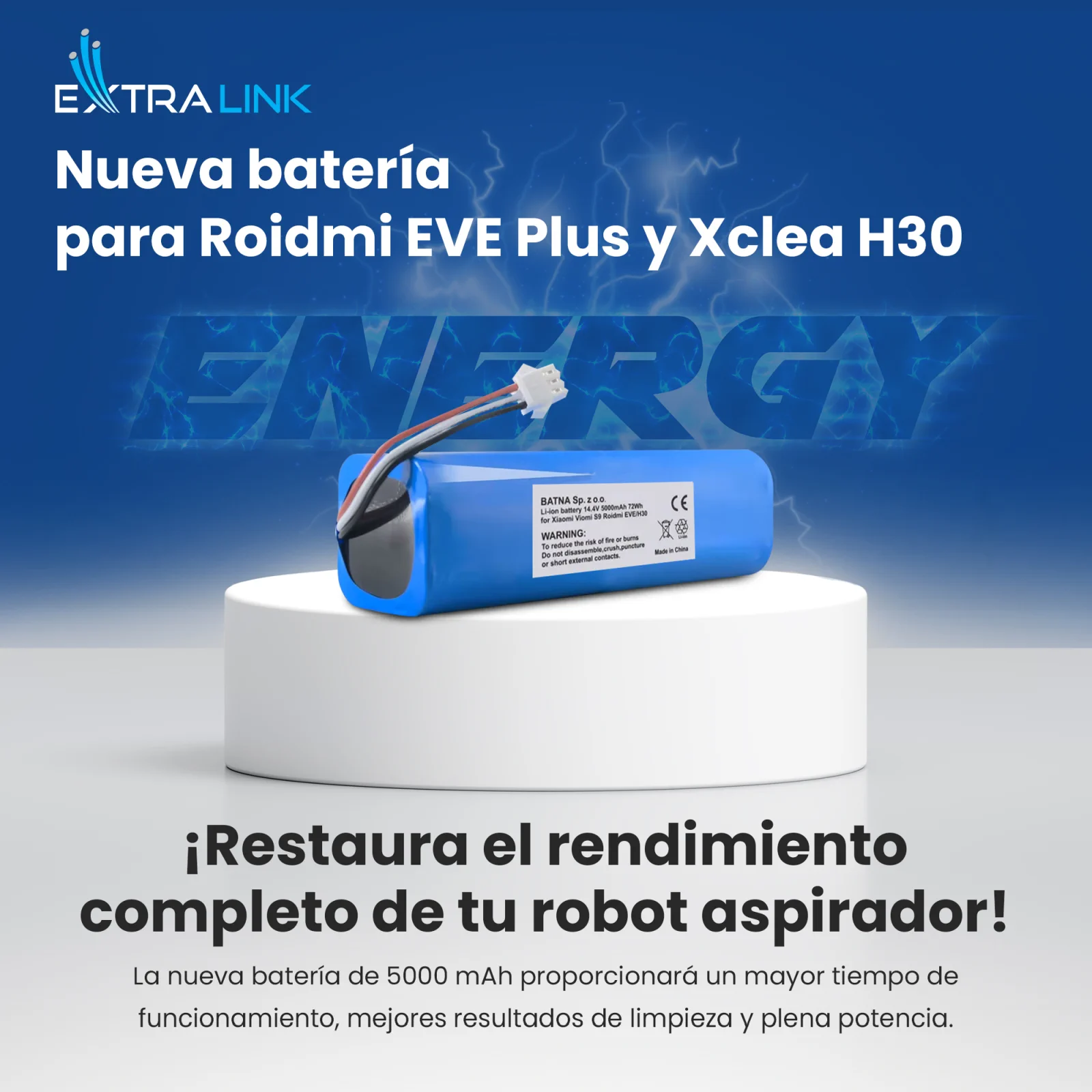bateria de recambio para aspiradores roidmi en azul con etiqueta blanca y cable con enchufe en base blanca