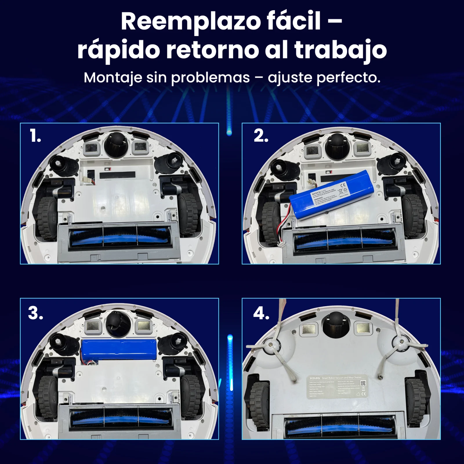 cuatro pasos para cambiar la batería de los robots de limpieza roidmi y xclea