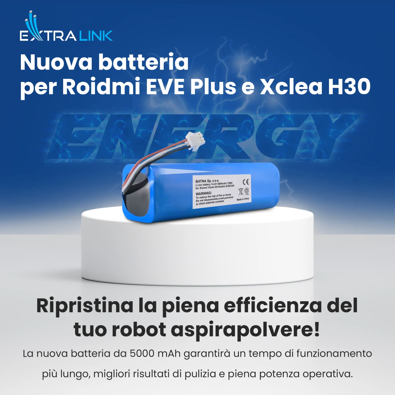 batteria di ricambio per aspirapolvere roidmi in blu con etichetta bianca e cavo con spina su base bianca
