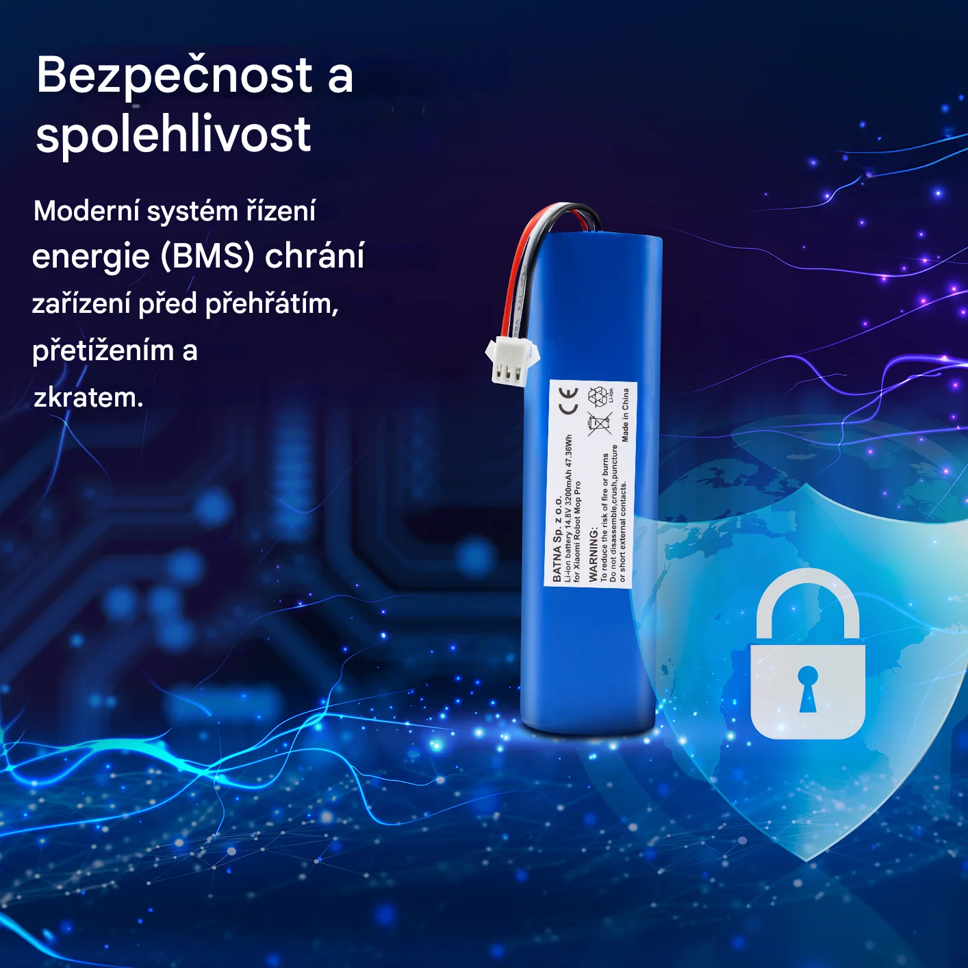 vizualizace zobrazuj&iacute;c&iacute; baterii a bezpečnostn&iacute; &scaron;t&iacute;t robota xiaomi