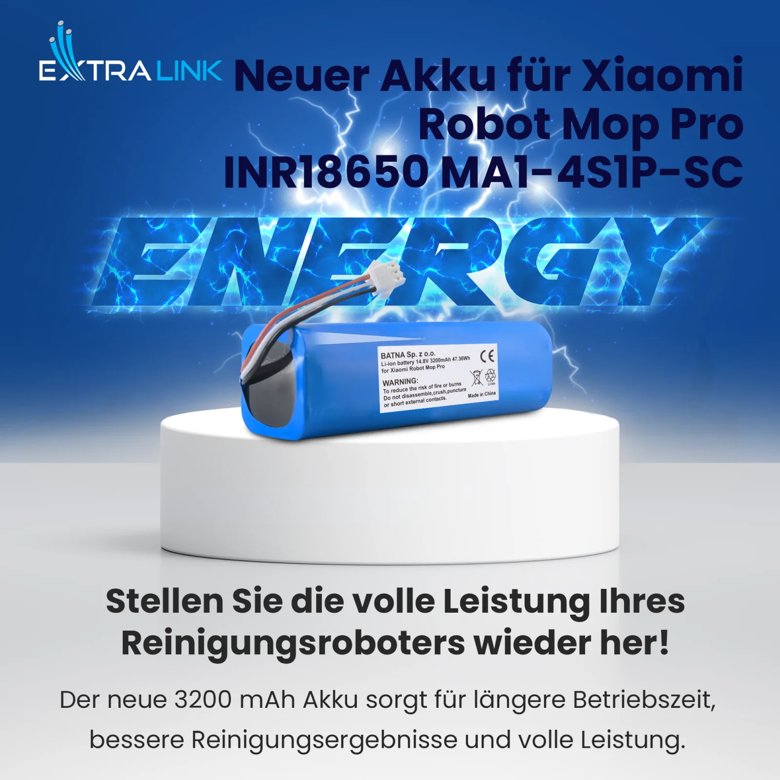 Ersatzbatterie für xiaomi Staubsauger in blau mit weißem Etikett und Kabel mit Stecker auf weißem Ständer