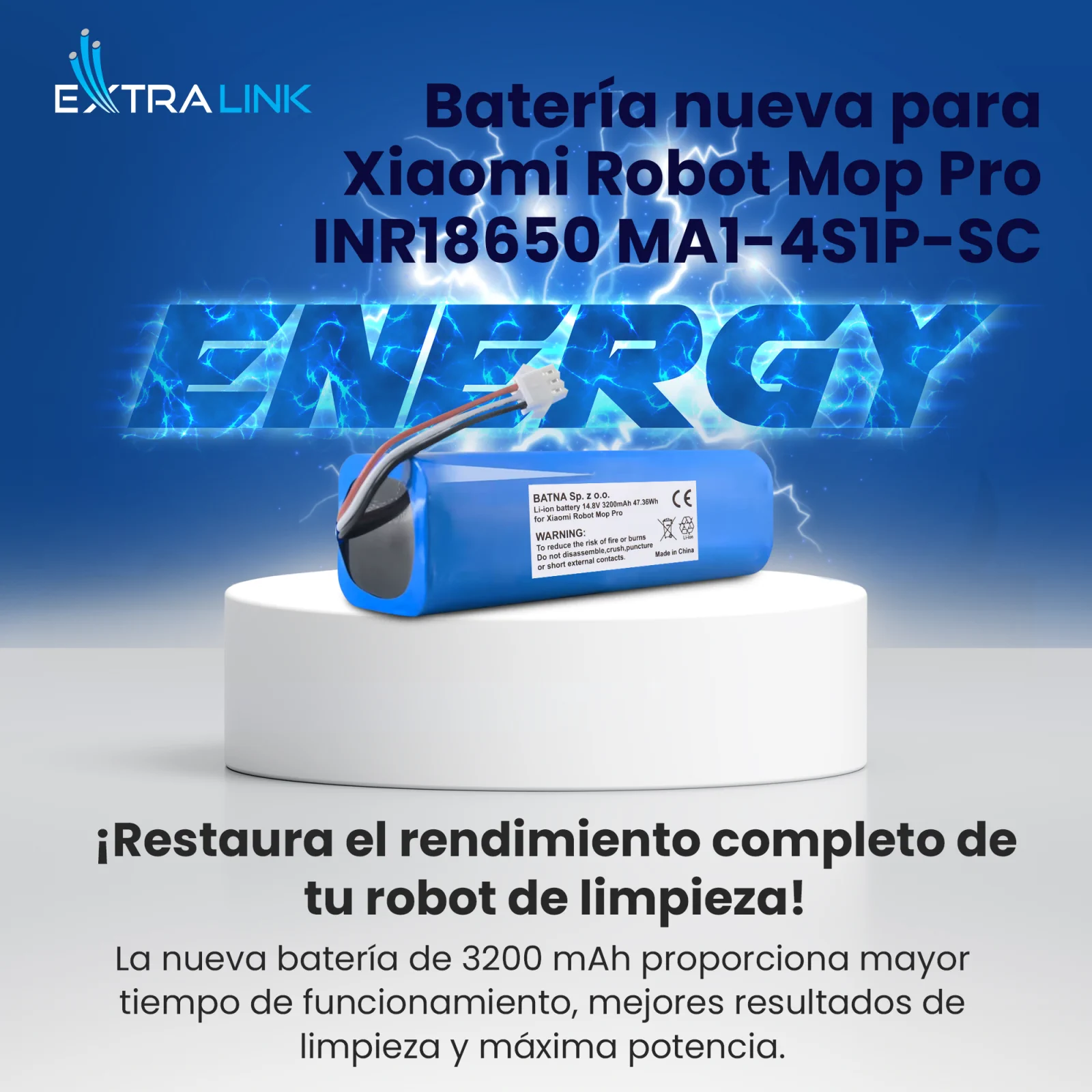 bateria de repuesto para xiaomi hoovers en azul con etiqueta blanca y cable con enchufe en soporte blanco