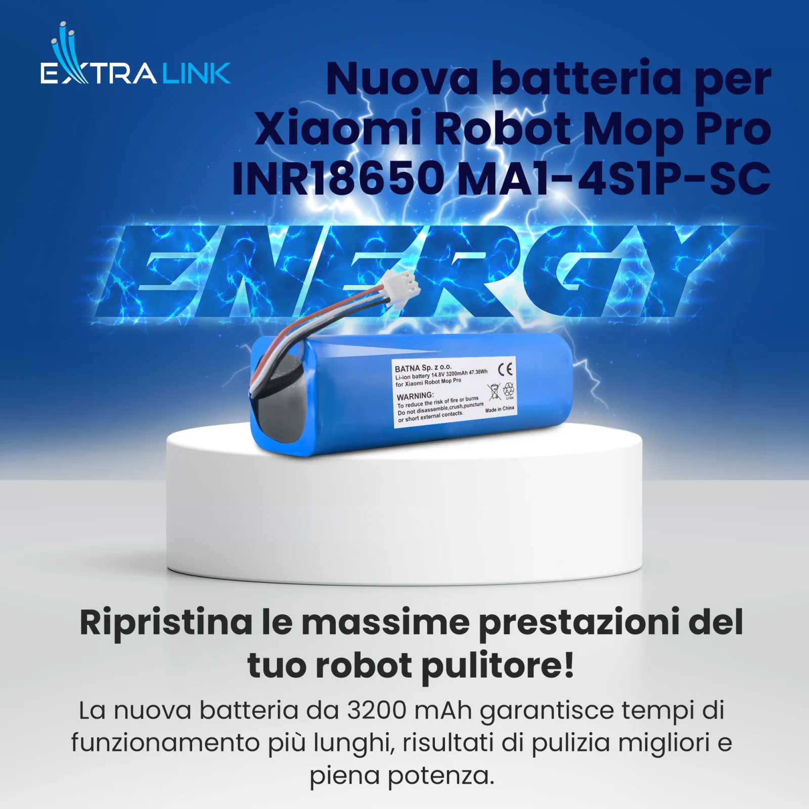 batteria di ricambio per xiaomi hoovers in blu con etichetta bianca e cavo con spina su supporto bianco