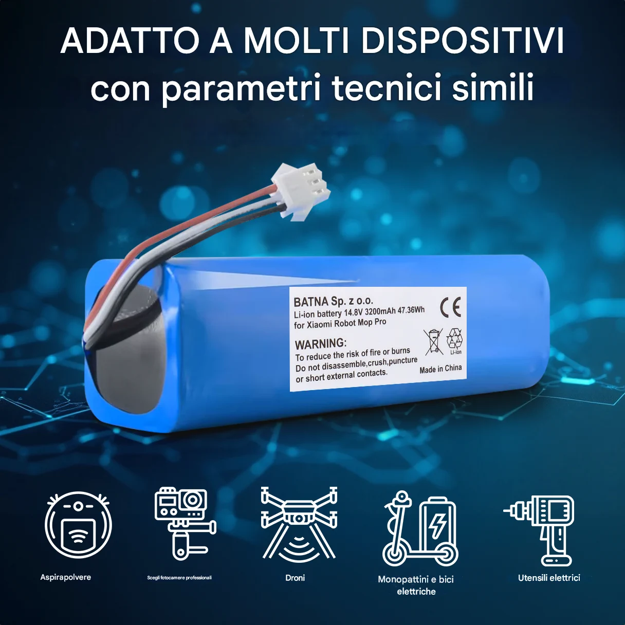 batteria per xiaomi mop pro robot e pittogrammi di altri dispositivi compatibili