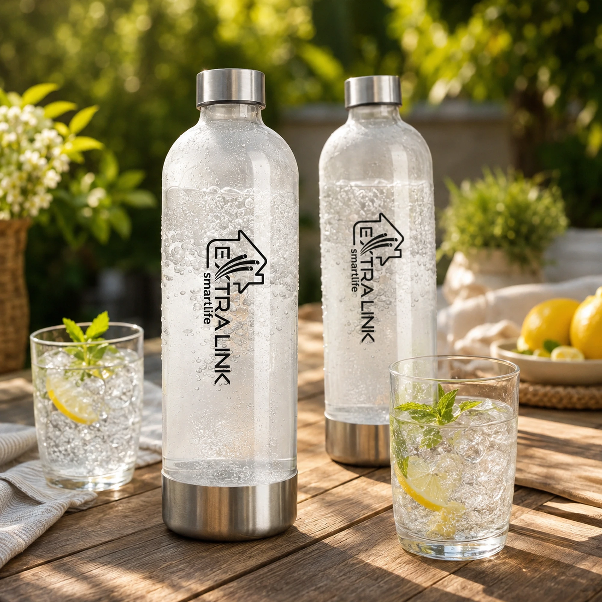 Botellas Extralink Hydrospark con agua con gas servida con limón y menta
