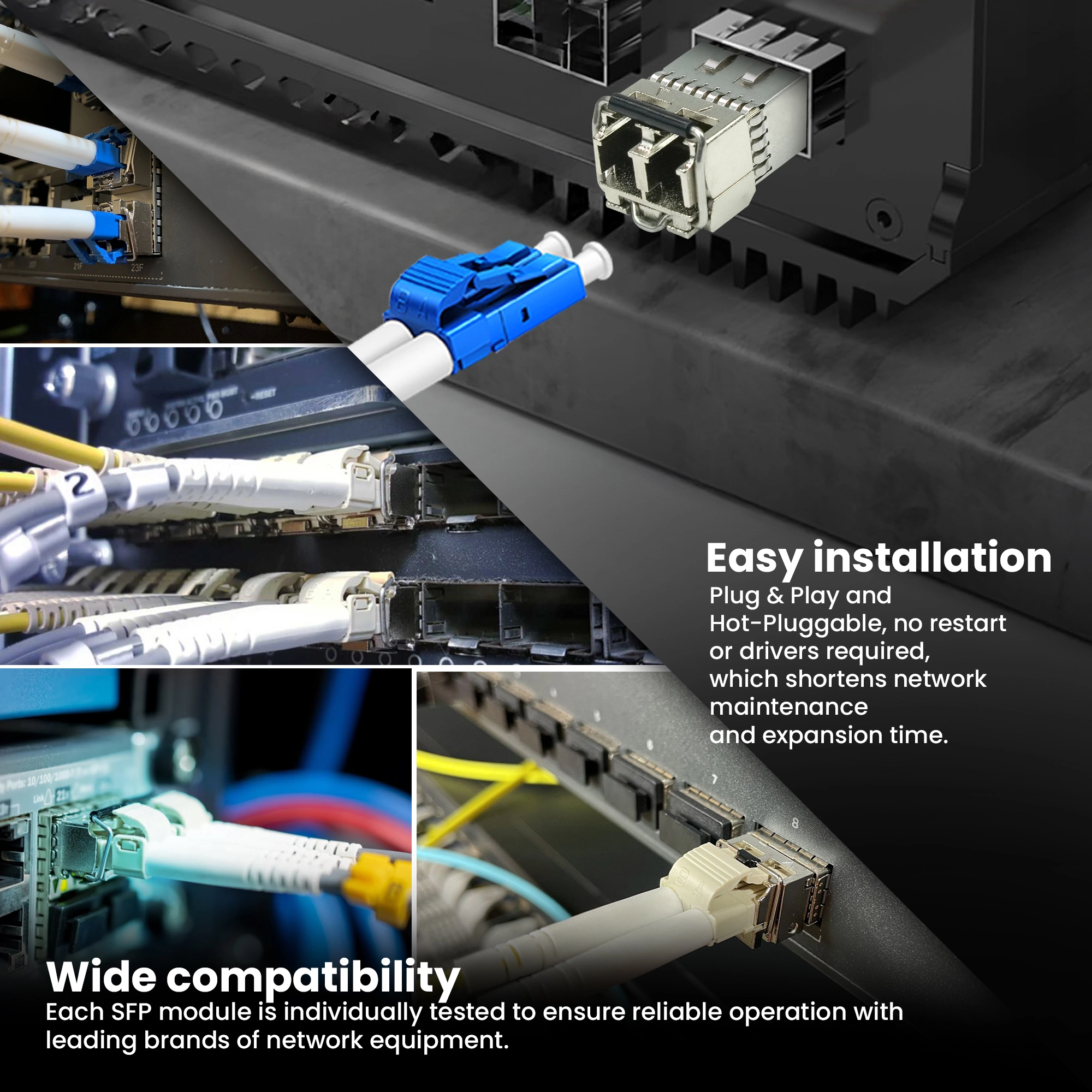 Zbliżenie na moduł SFP z niebieskim kablem światłowodowym wpiętym w urządzenie sieciowe, z fragmentem kabli i portów w tle; opis łatwej instalacji bez potrzeby restartu
