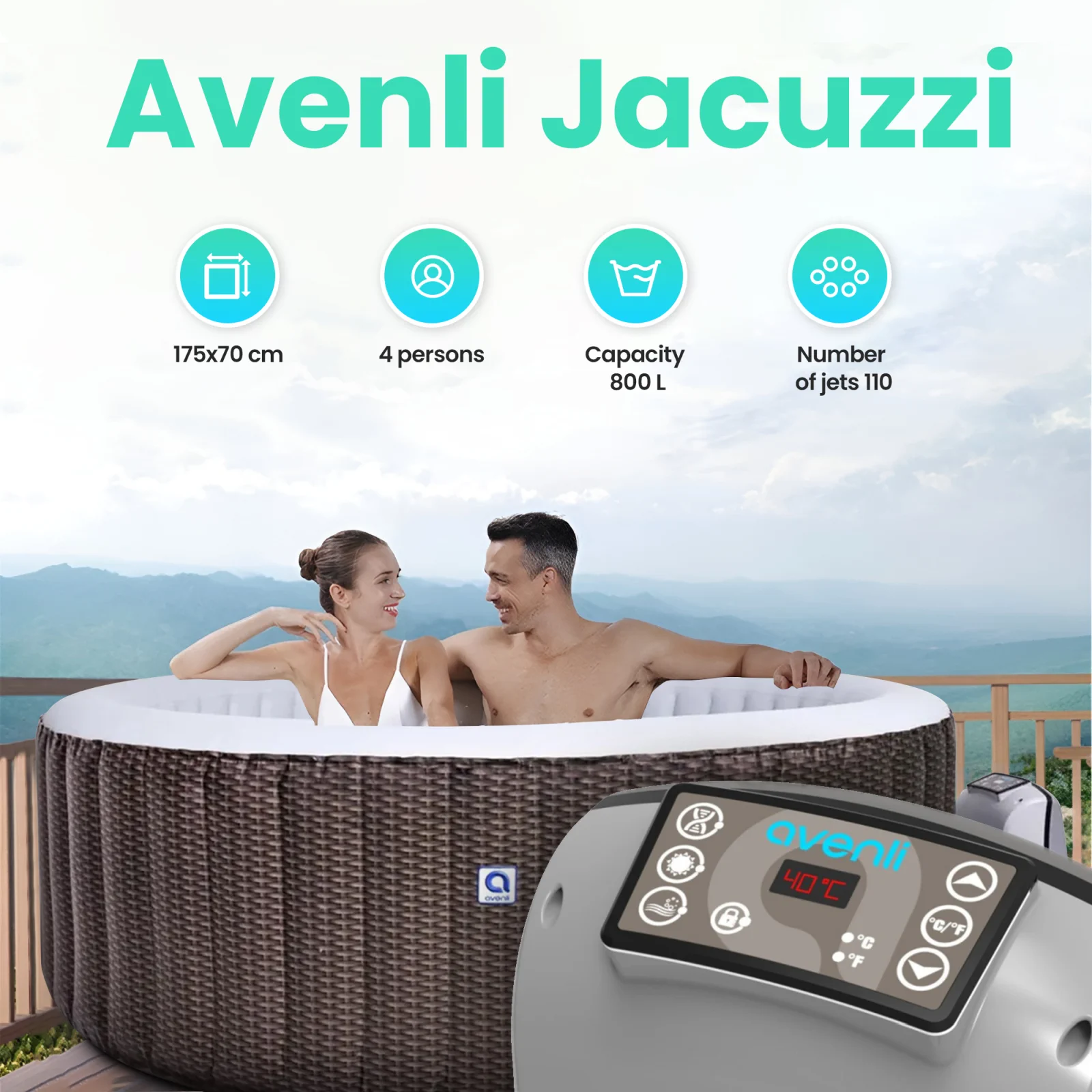 Avenli inflatable jacuzzi with two smiling people inside