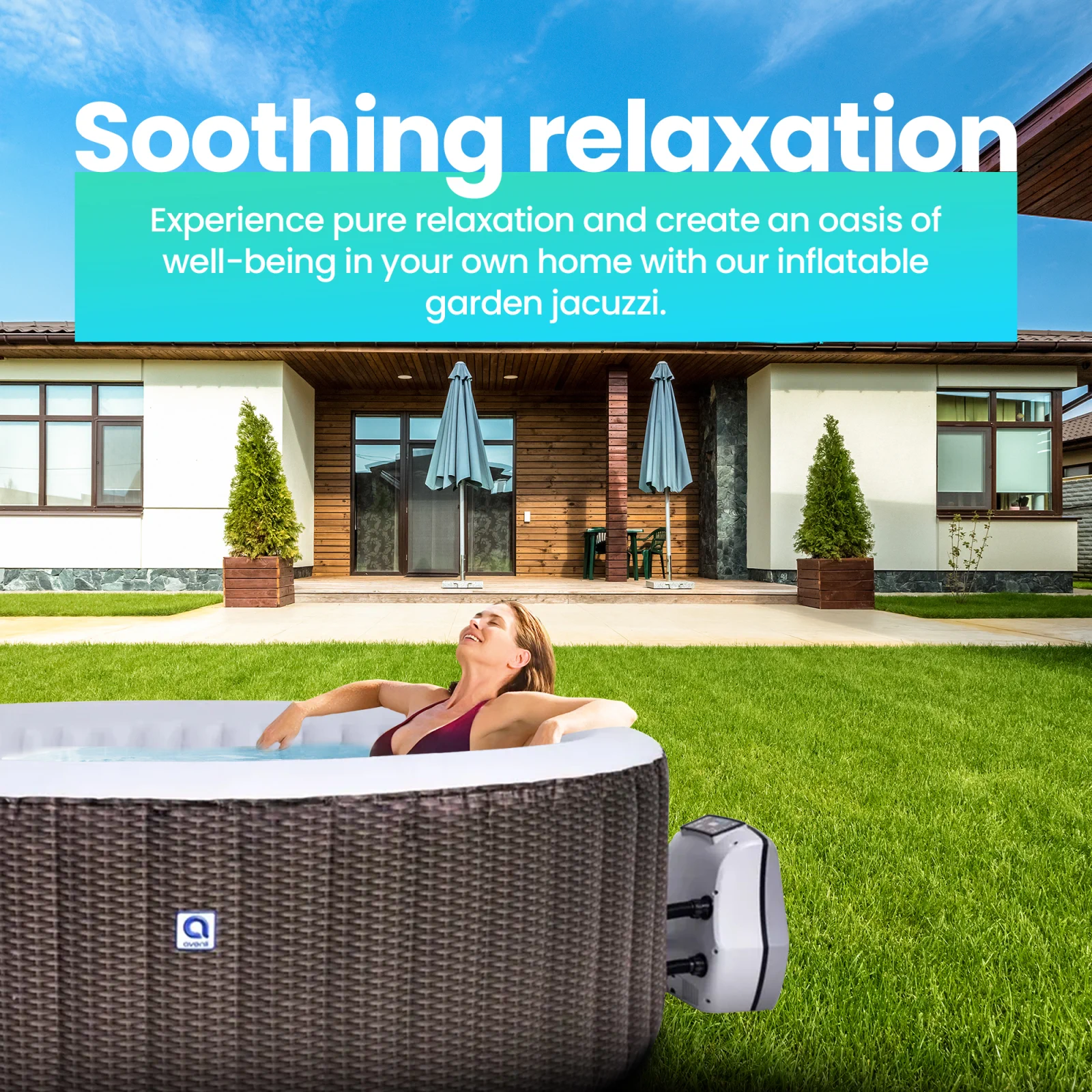 A woman with her eyes closed, relaxed, sits in a brown inflatable jacuzzi avenli
