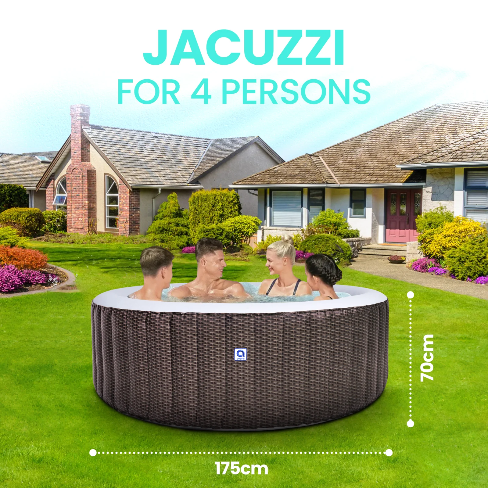 Four people relax in a brown inflatable Jacuzzi that sits on the lawn in front of the house
