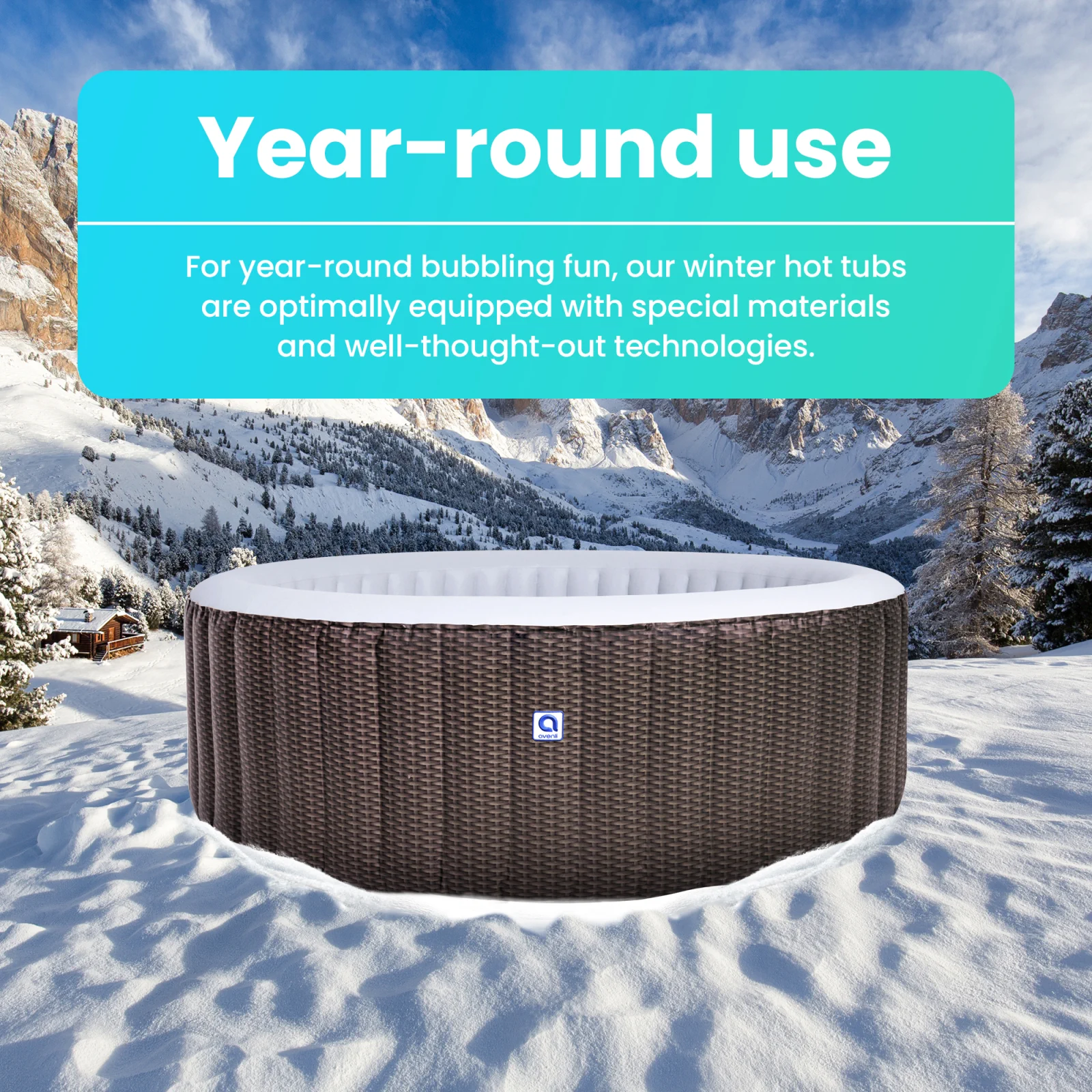 Avenli inflatable hot tub stands in a snowy mountain landscape