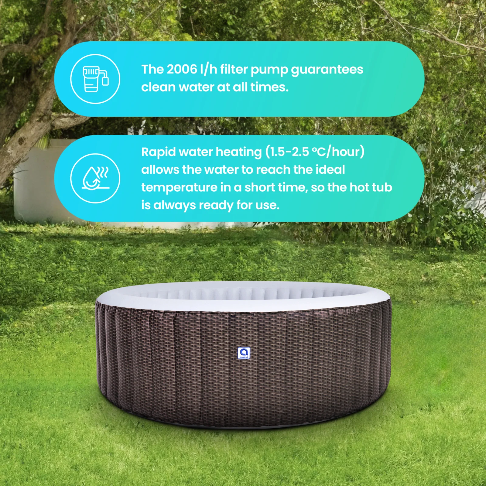 A brown inflatable Jacuzzi that sits on the lawn in front of the house