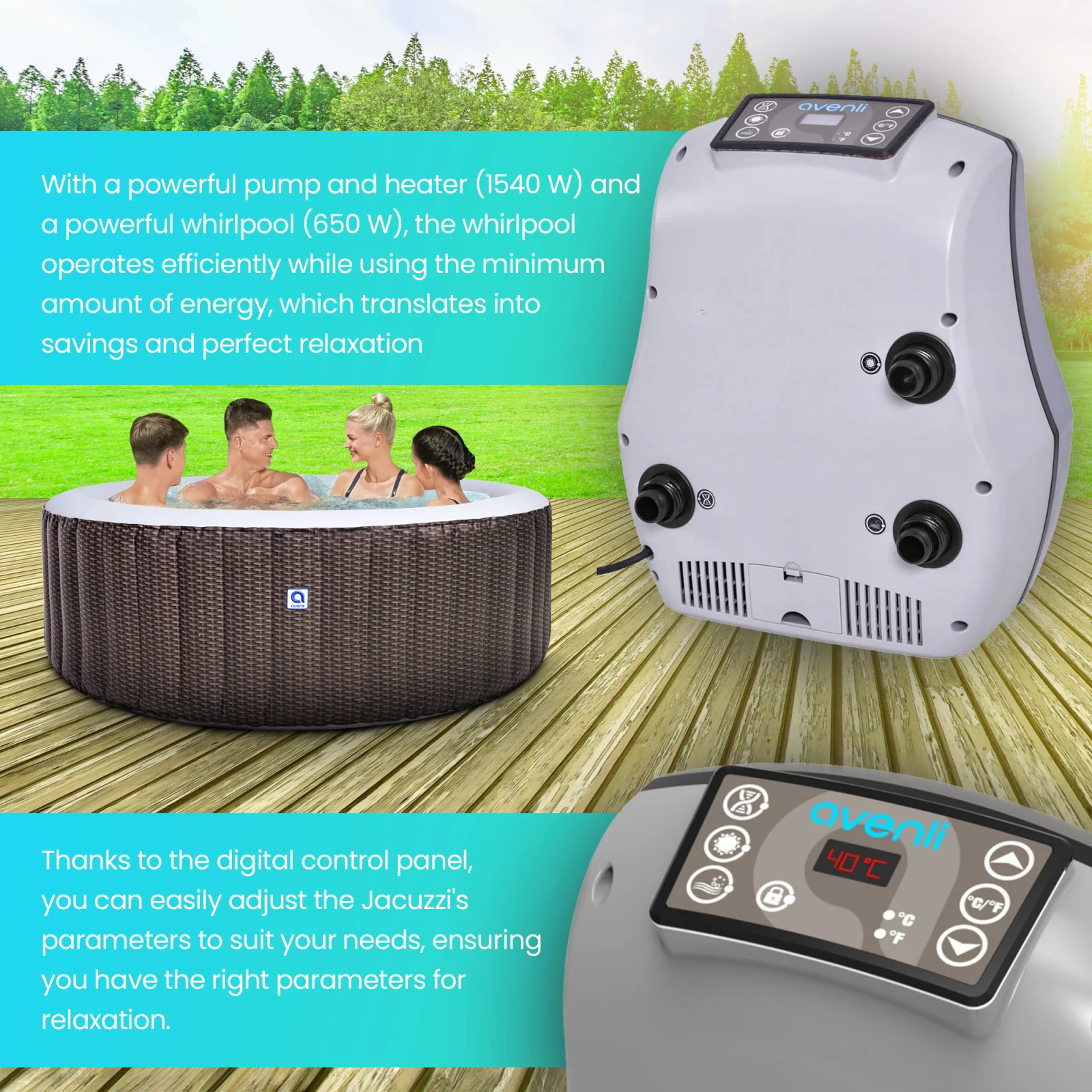 control unit with control panel and pump, avenli jacuzzi with three people inside, standing on a wooden terrace
