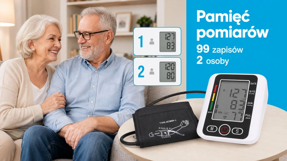 Pamięć 99 pomiarów dla dwóch użytkowników w ciśnieniomierzu Extralink K-69