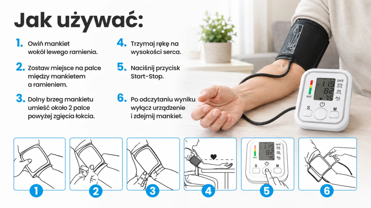 Instrukcja zakładania mankietu i wykonywania pomiaru ciśnienia