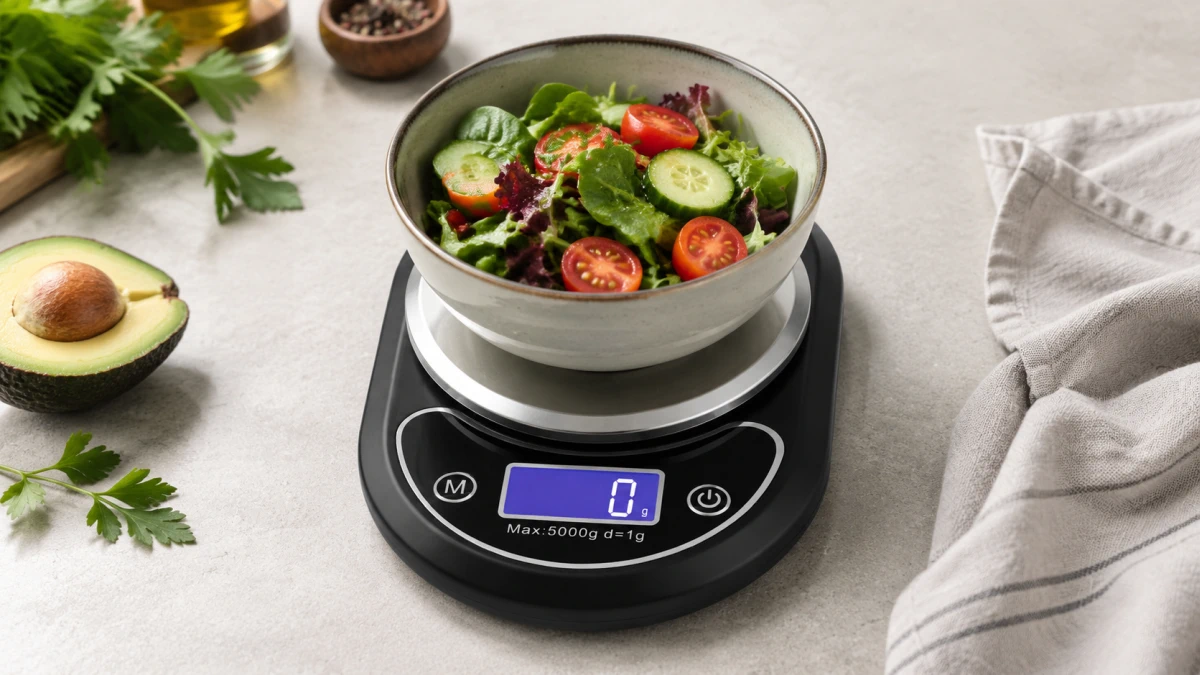 Миска с овощами, установленная на кухонных весах Extralink Home K4