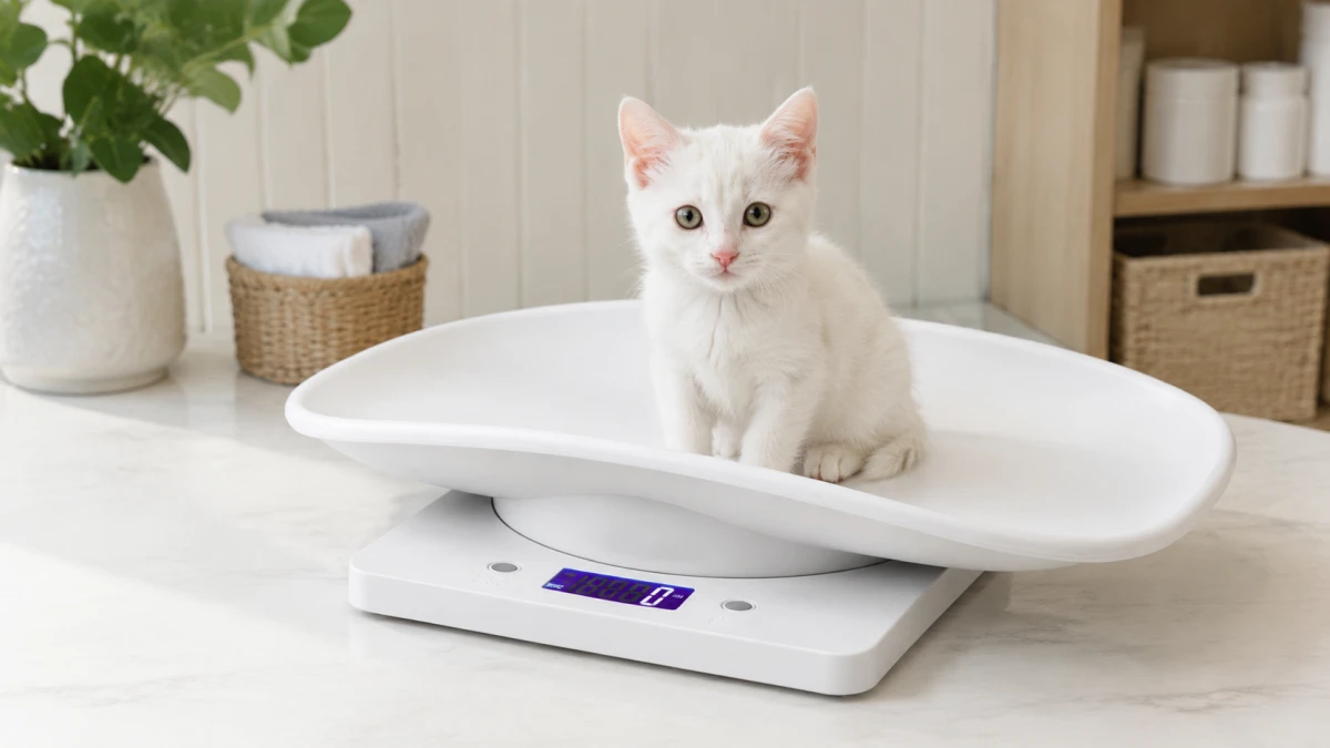 Gato branco sendo pesado em uma balan&ccedil;a eletr&ocirc;nica para animais Extralink Home NT1.