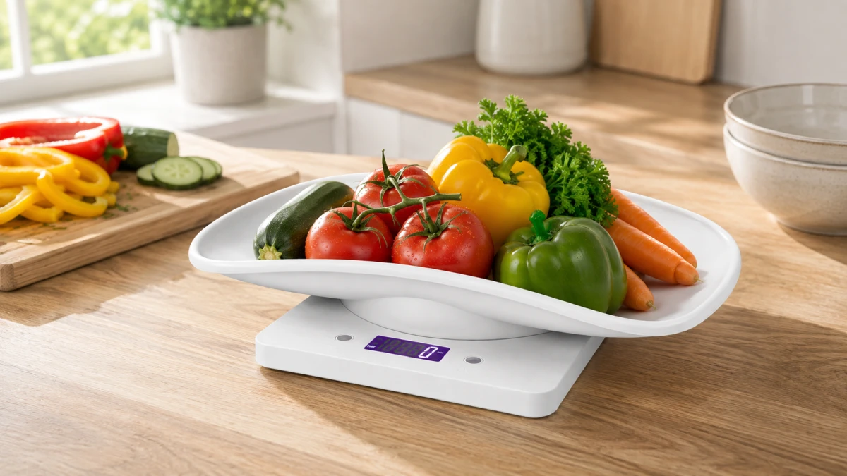 Legumes sendo pesados em uma balan&ccedil;a eletr&ocirc;nica universal Extralink Home NT1.