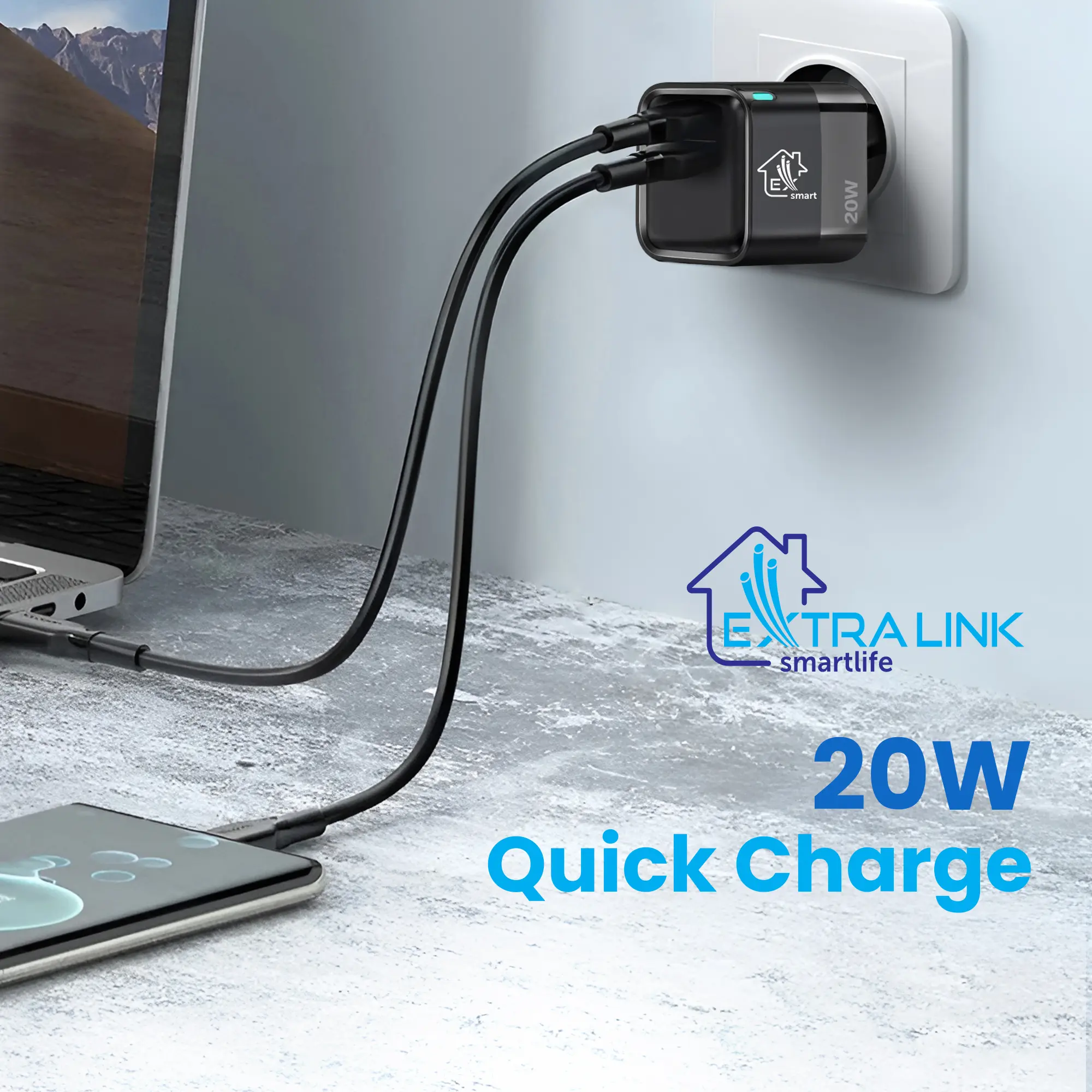 EXTRALINK SMART LIFE CHARGER 20W, USB-C AND USB A