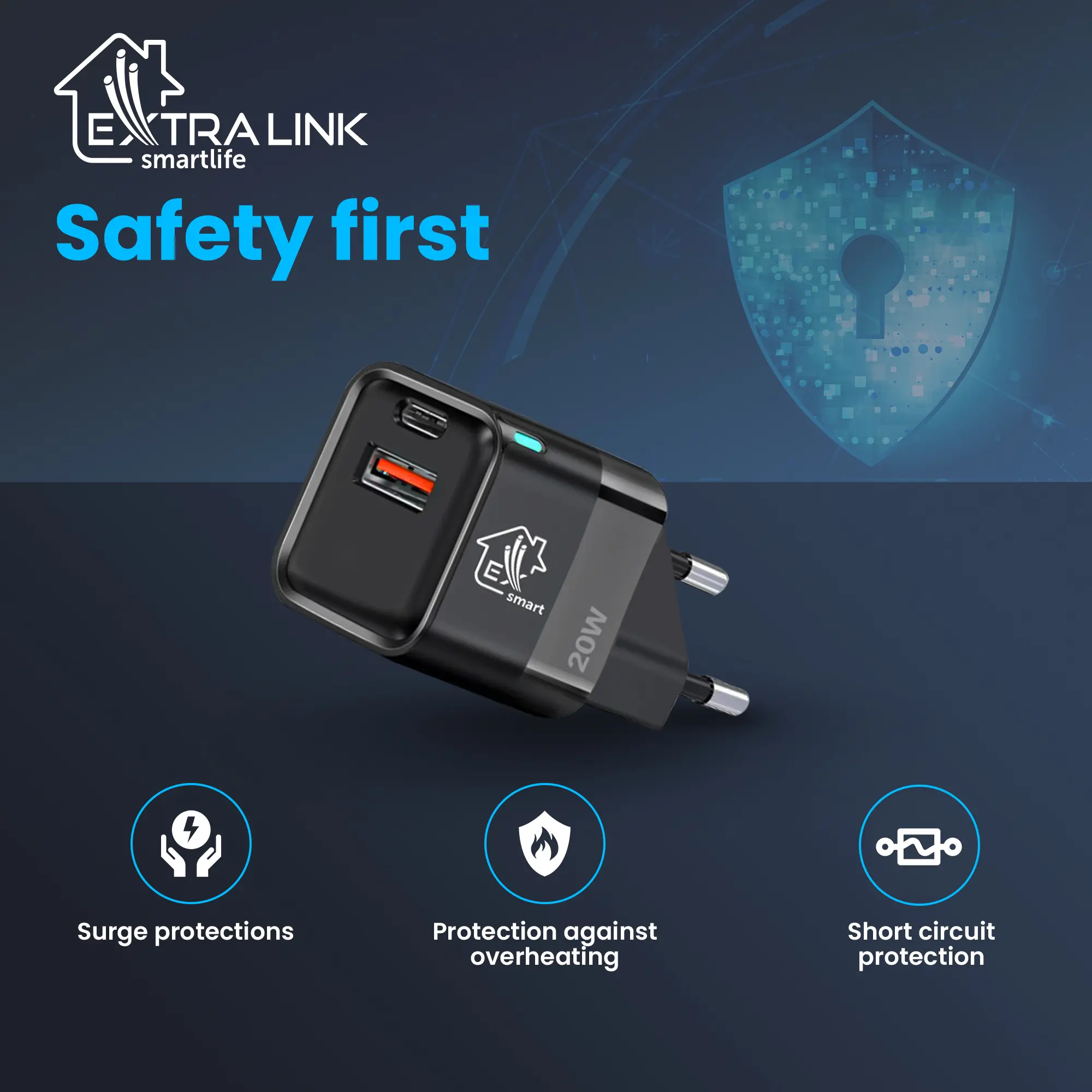 EXTRALINK SMART LIFE CHARGER 20W, USB-C AND USB A