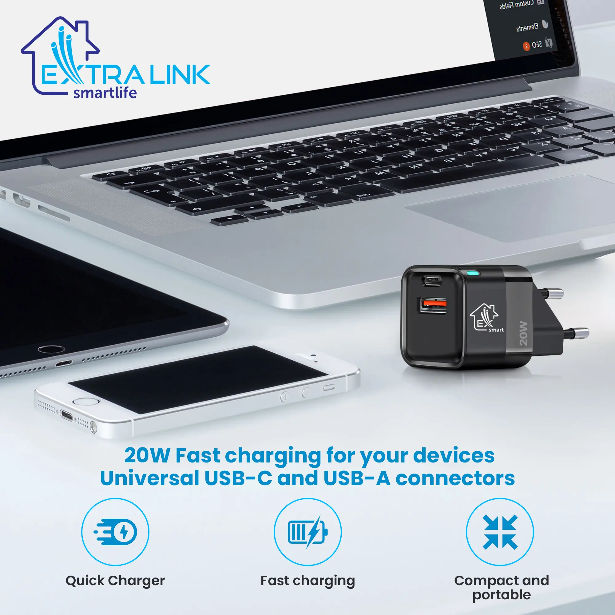 EXTRALINK SMART LIFE CHARGER 20W, USB-C AND USB A